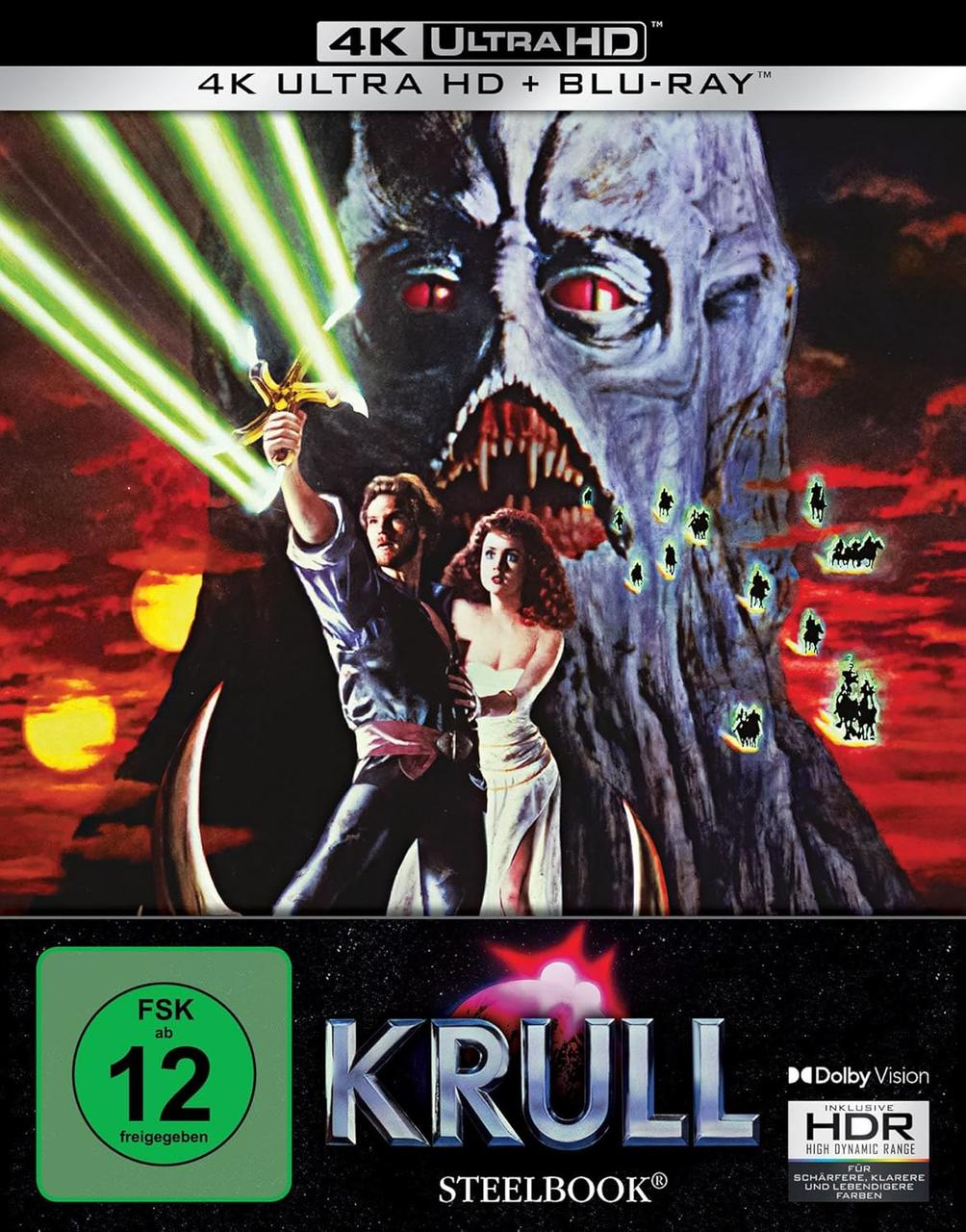 Filmcover für Krull. Ein Mann hält ein leuchtendes Schwert. Eine Frau steht neben ihm. Ein großes Monster ist im Hintergrund.