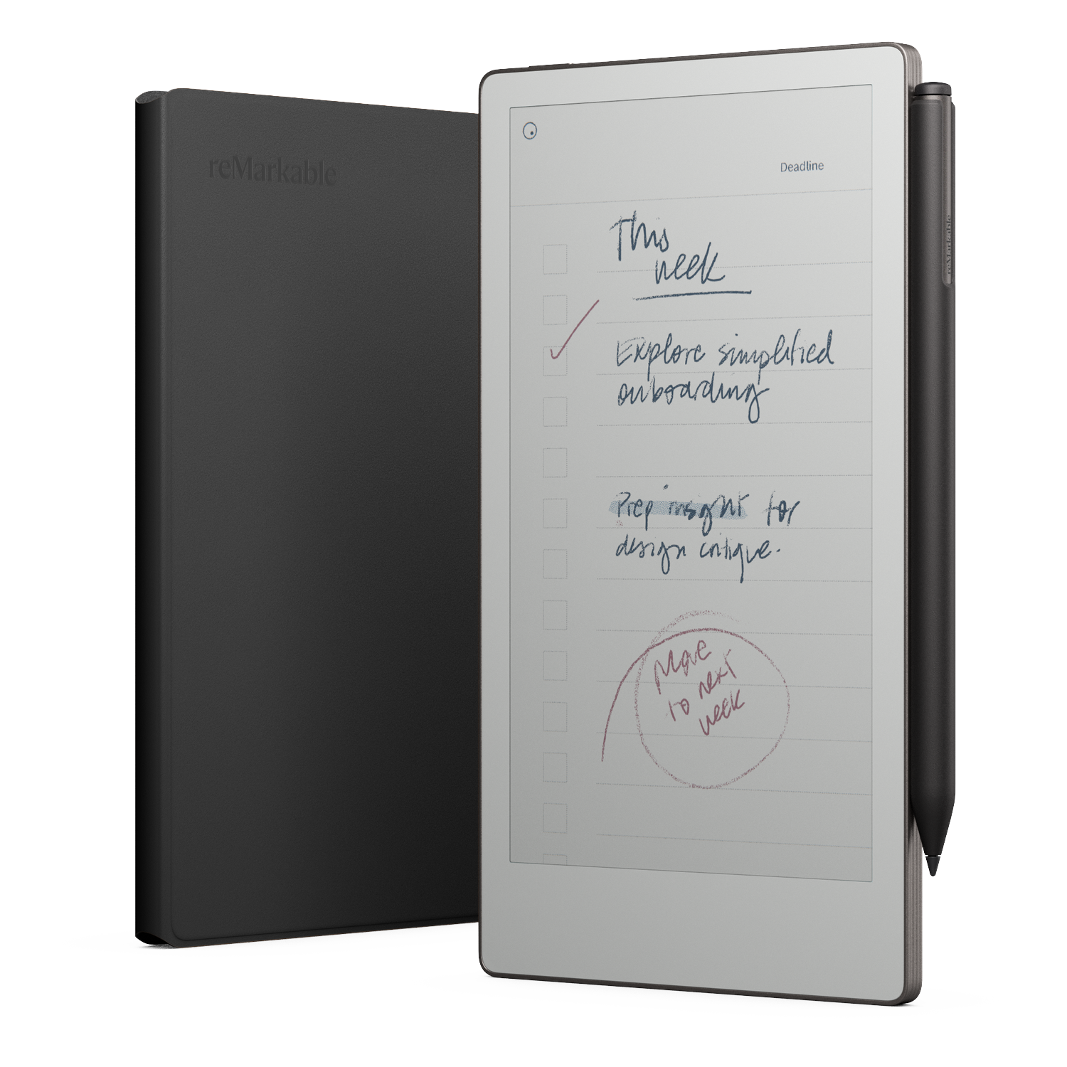 A reMarkable tablet with a stylus and a black cover. The screen displays a to-do list with handwritten notes and check marks.