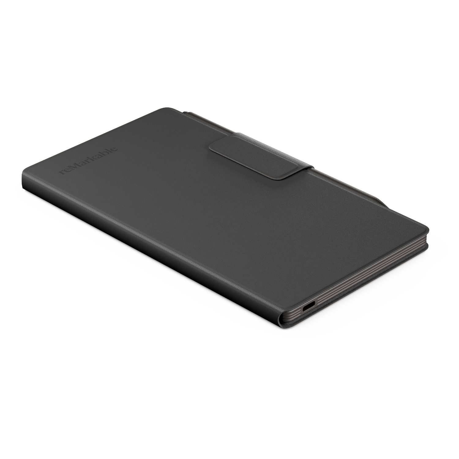 A black remarkable tablet case with a magnetic flap, lying on a white surface, slightly angled. The brand name is visible.