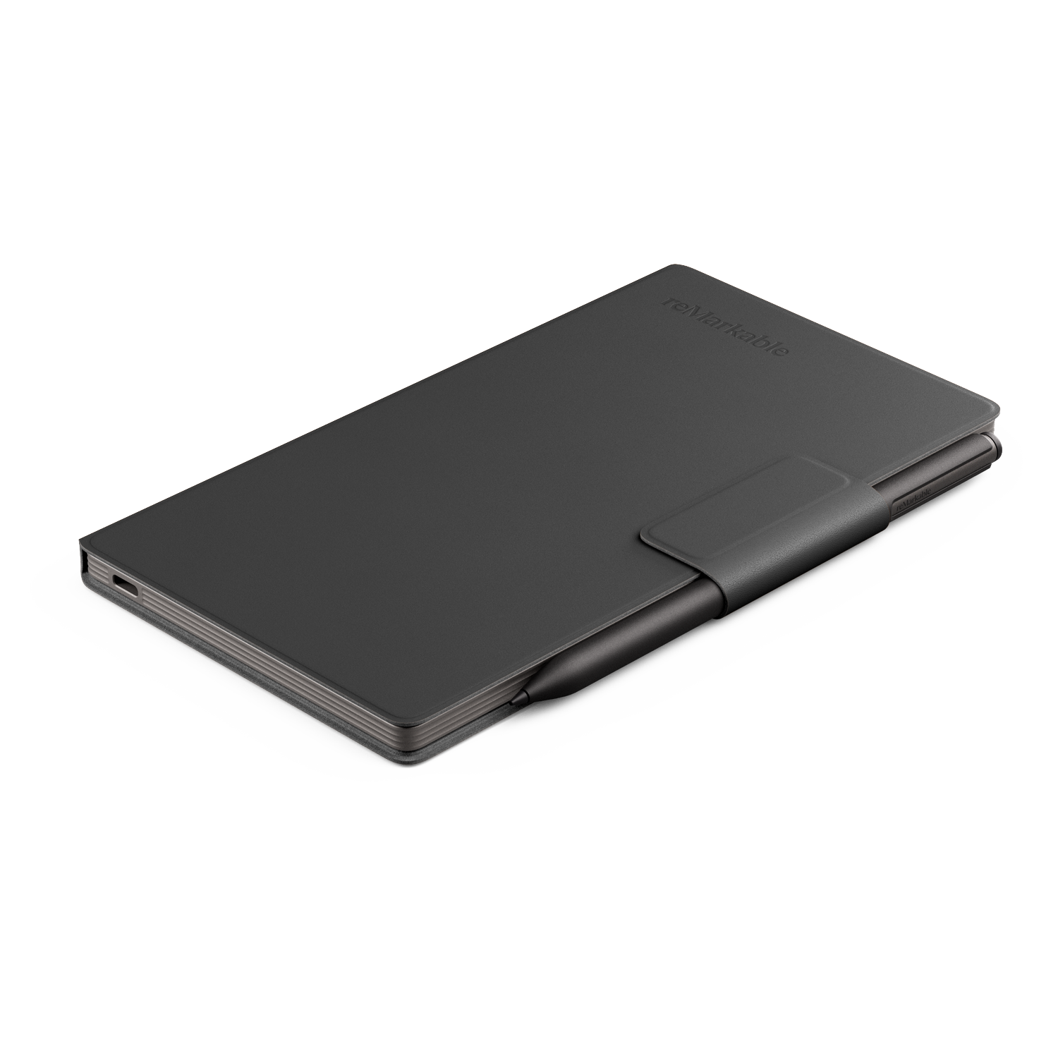 A black reMarkable tablet with a pen in a cover, lying on a white surface. The pen is on the side of the tablet.