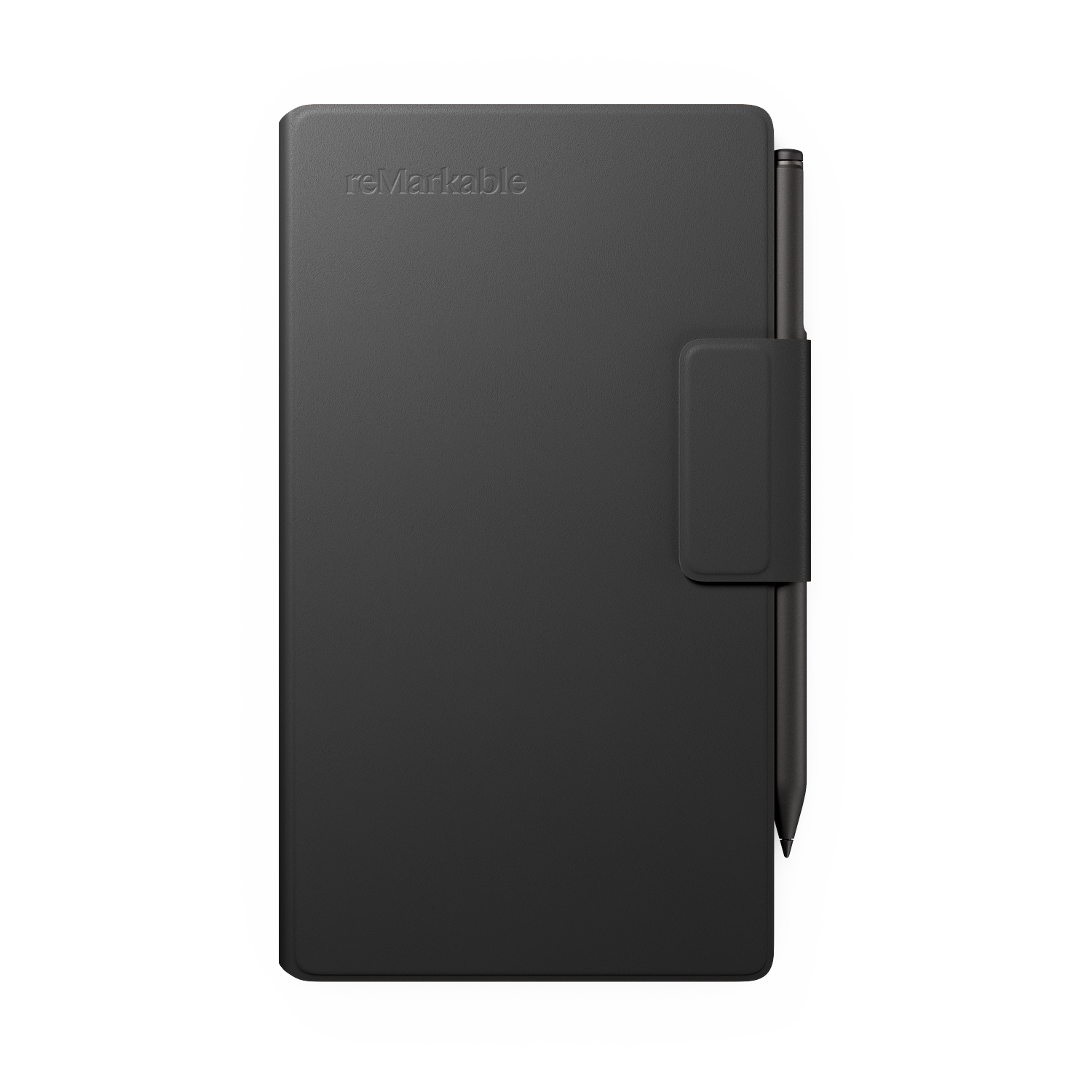 A black reMarkable tablet with a pen attached. The tablet is in a folio-style case. White background.