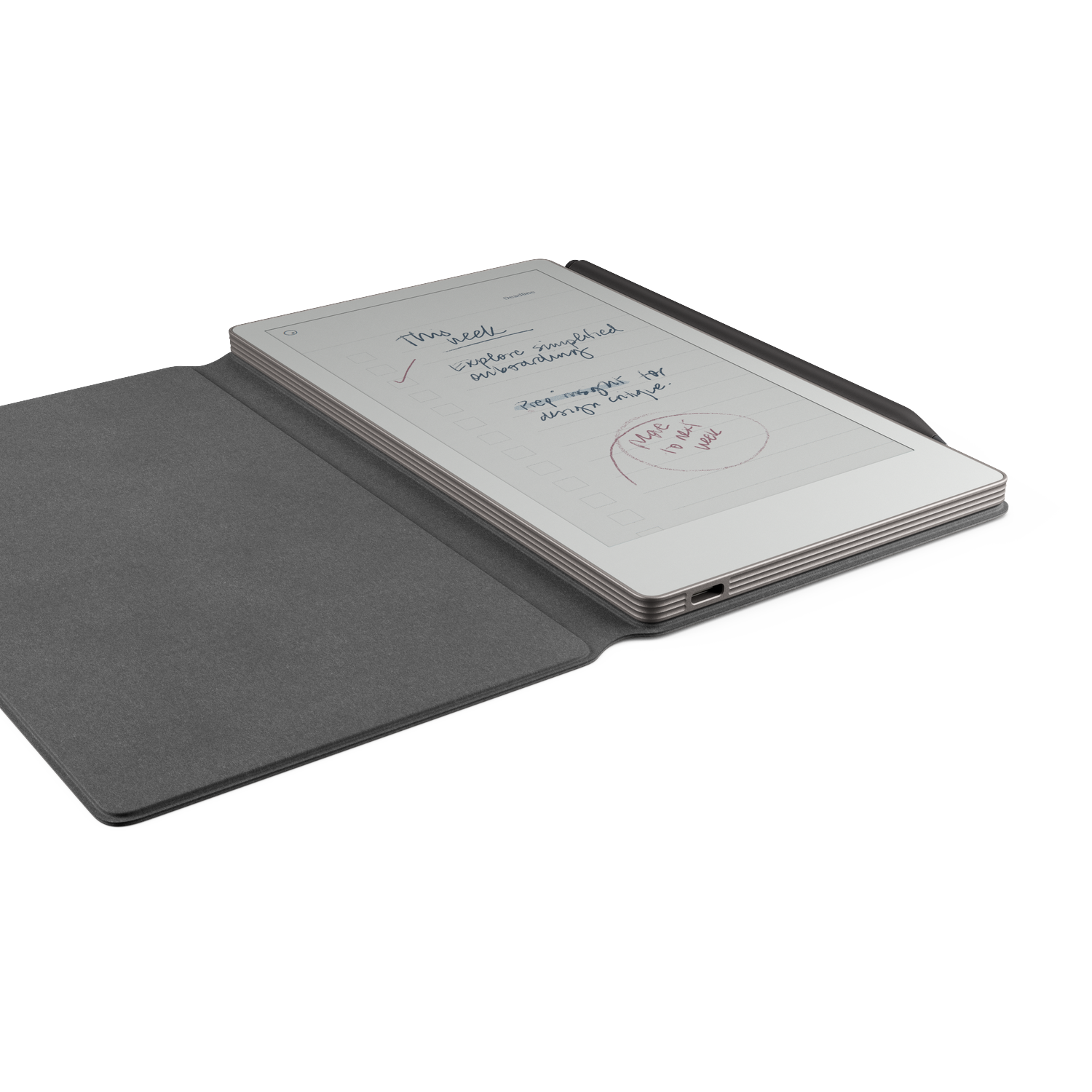 A digital notepad with a grey cover, displaying handwritten notes and a checkmark. The background is white, with a hint of the cover.