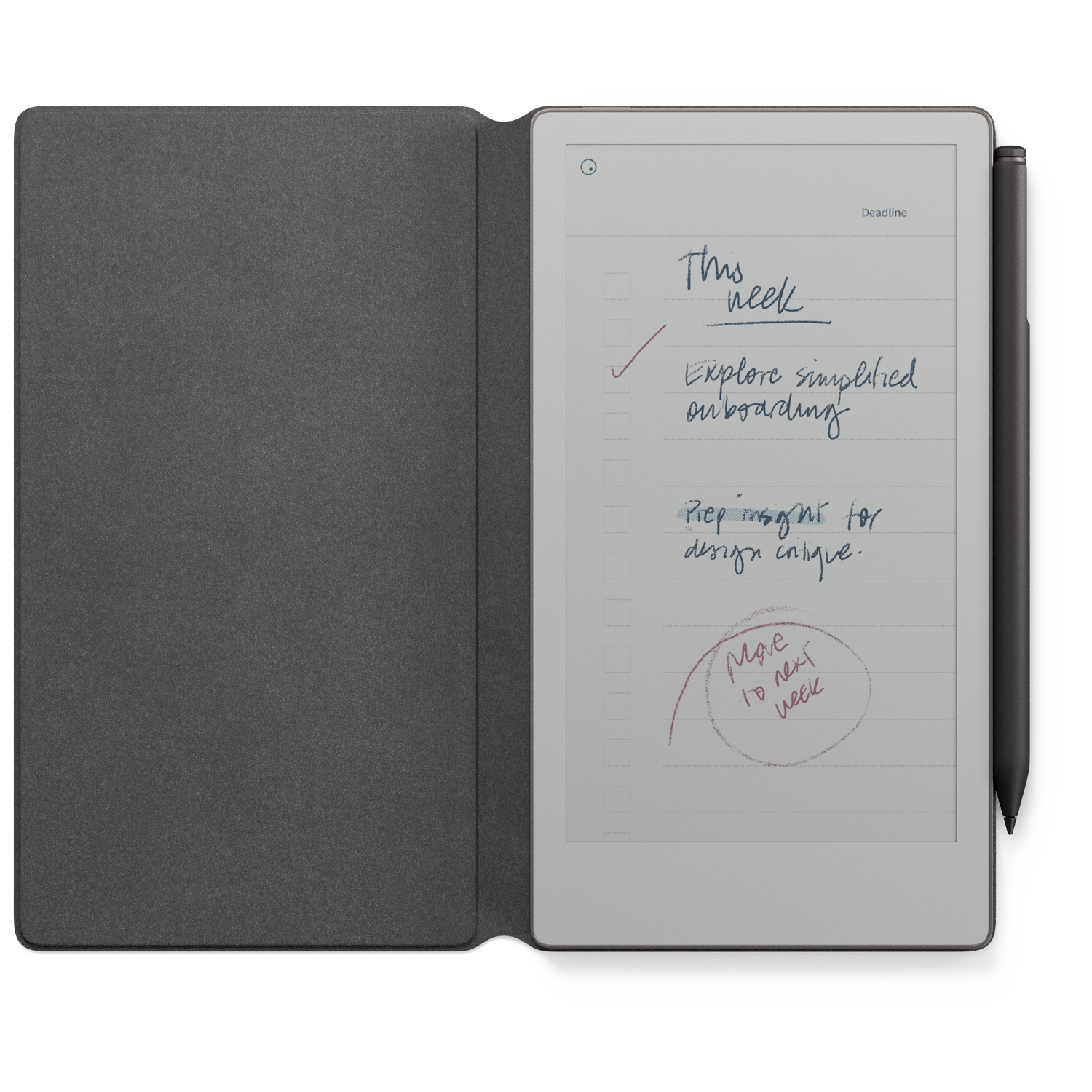 A digital tablet displays a handwritten to-do list, including 'Explore simplified onboarding.' A stylus rests on the right.