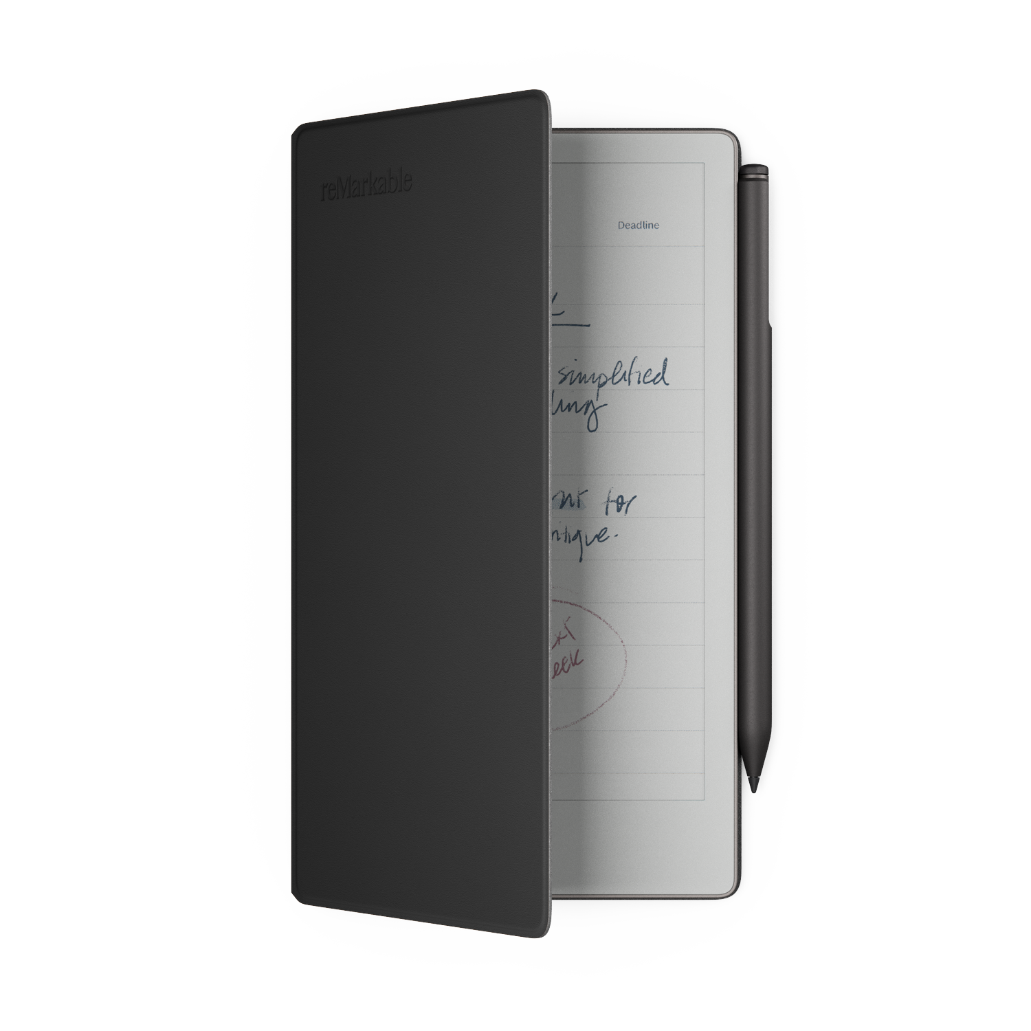A black remarkable tablet with a cover, and a pen. The screen displays handwritten notes. The background is plain white.