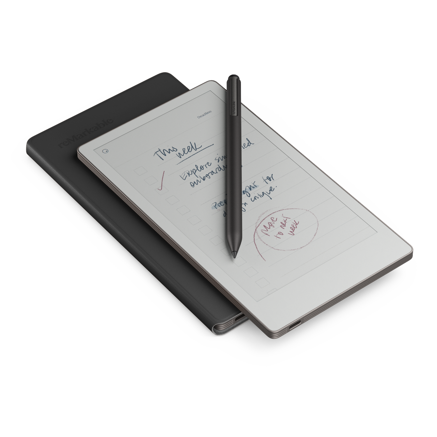 A tablet with a stylus sits on a darker case. Handwritten notes are visible on the tablet, with a red checkmark and circled text.