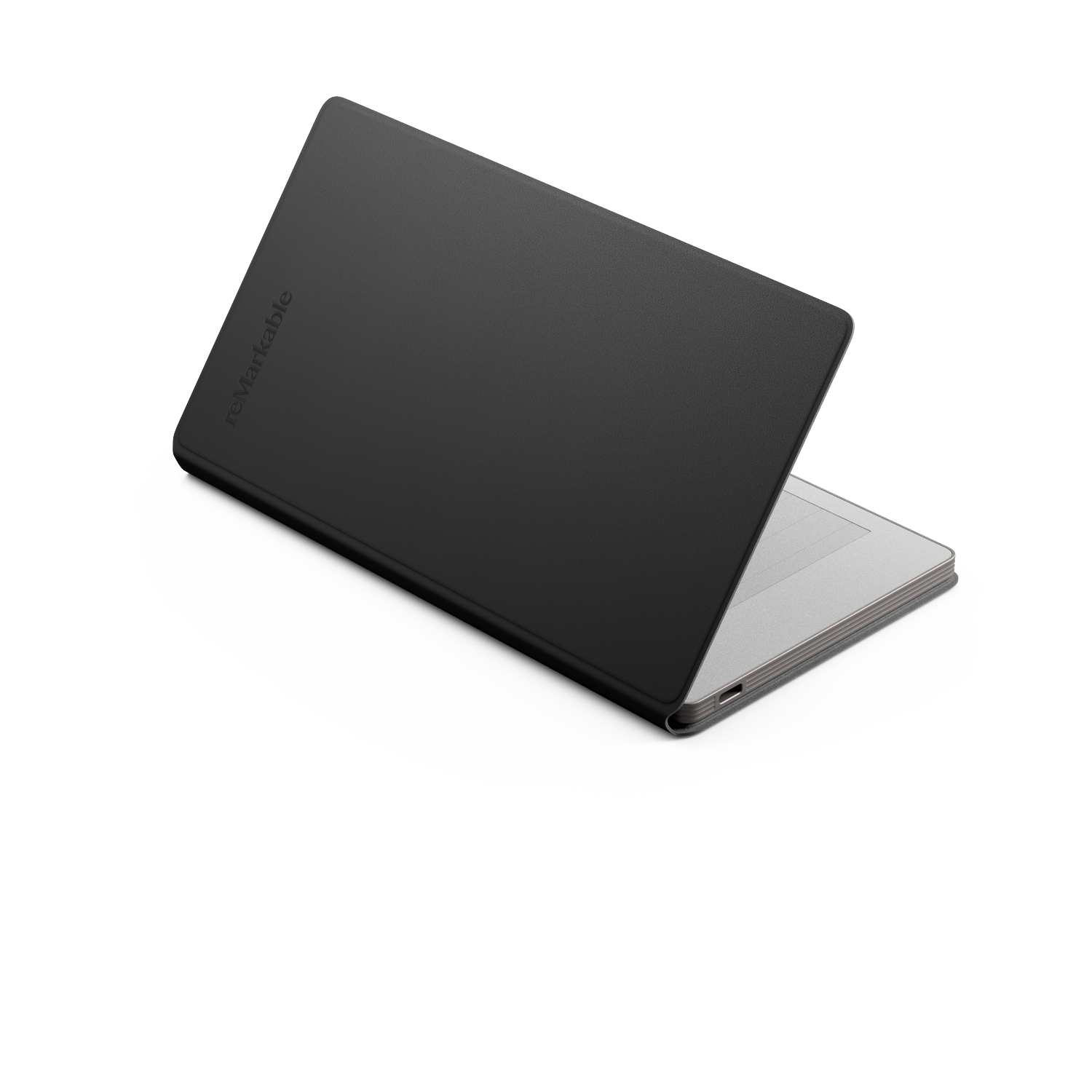 A black Remarkable tablet with its cover open. The screen is silver, and the cover is black. The background is white.