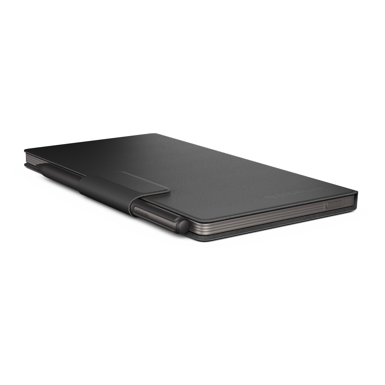 A black tablet with a pen attached, lying on a white surface. The tablet has a sleek design with a leather-like texture.