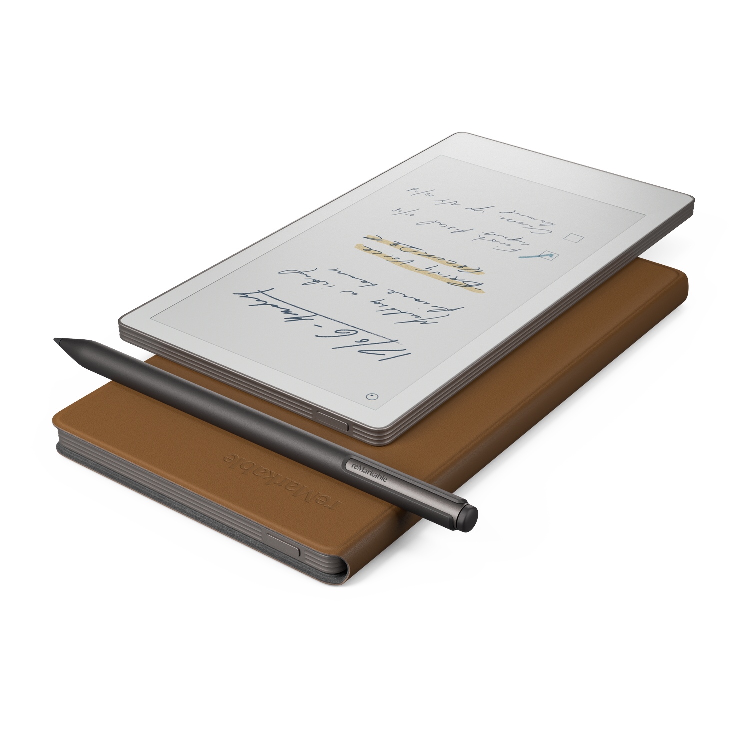 A digital tablet with handwritten notes sits atop a brown leather case. A stylus pen is placed on the case. The background is white.