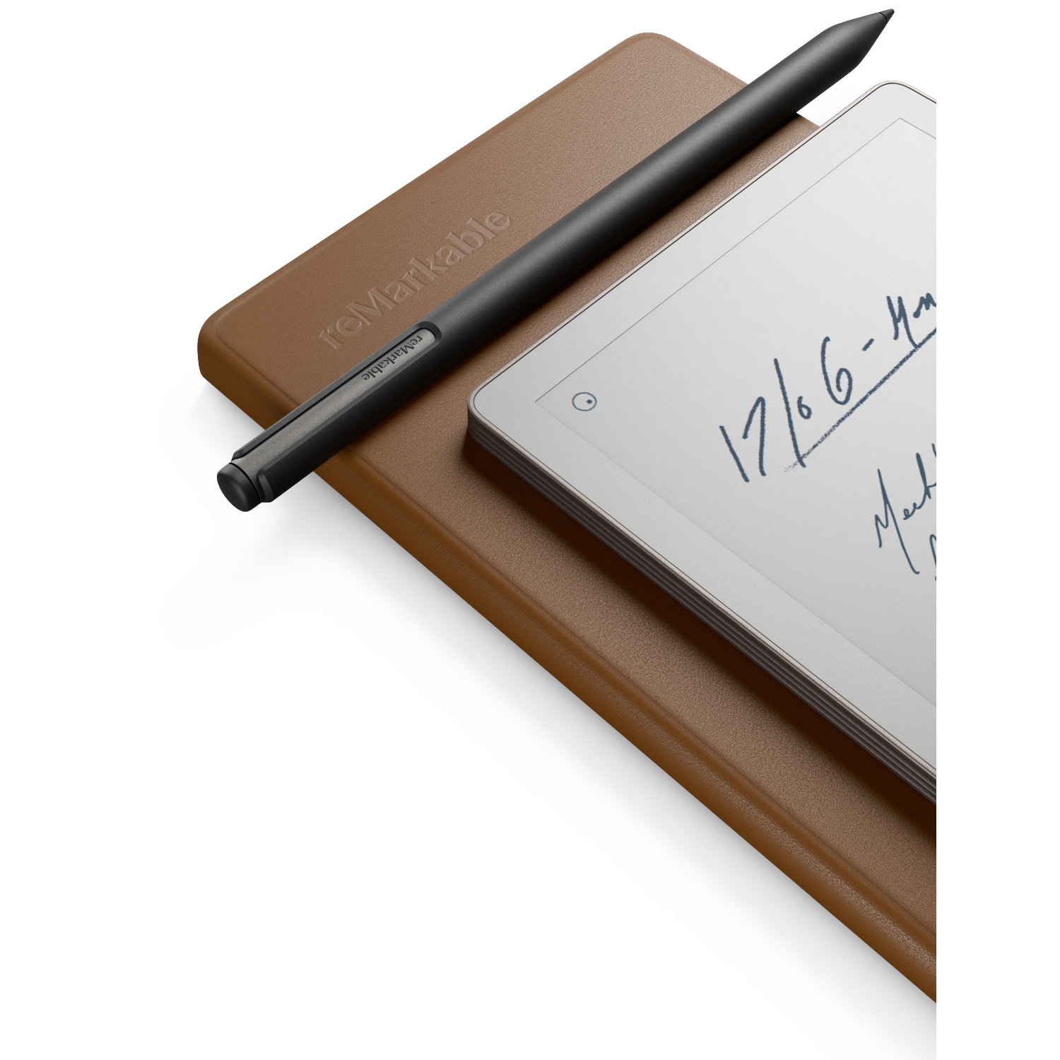 A black stylus lies atop a tablet with handwriting, resting on a brown leather case. The case is marked 'reMarkable'.