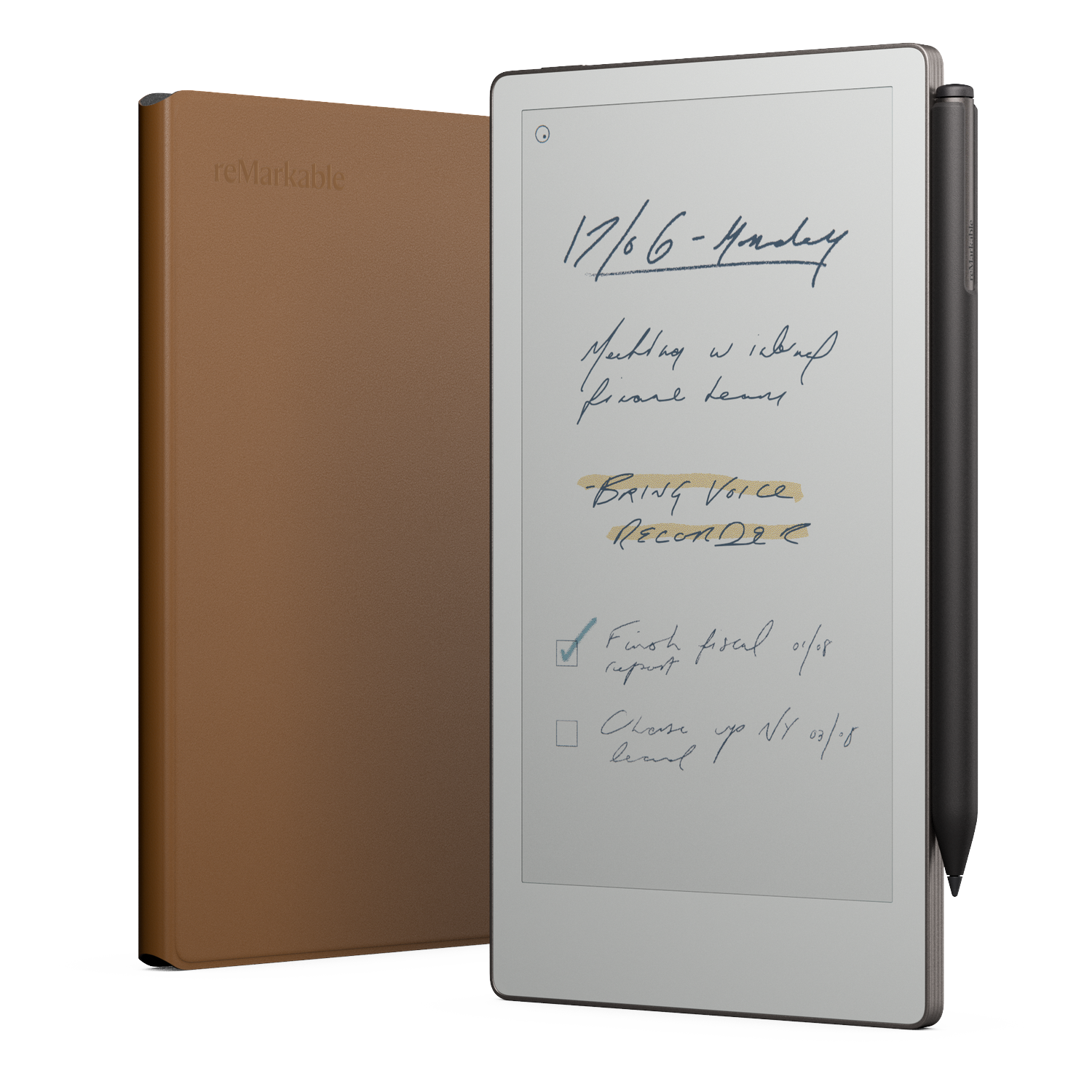 A reMarkable tablet with a brown cover and a black stylus. The screen displays handwritten notes, including a date and to-do items.