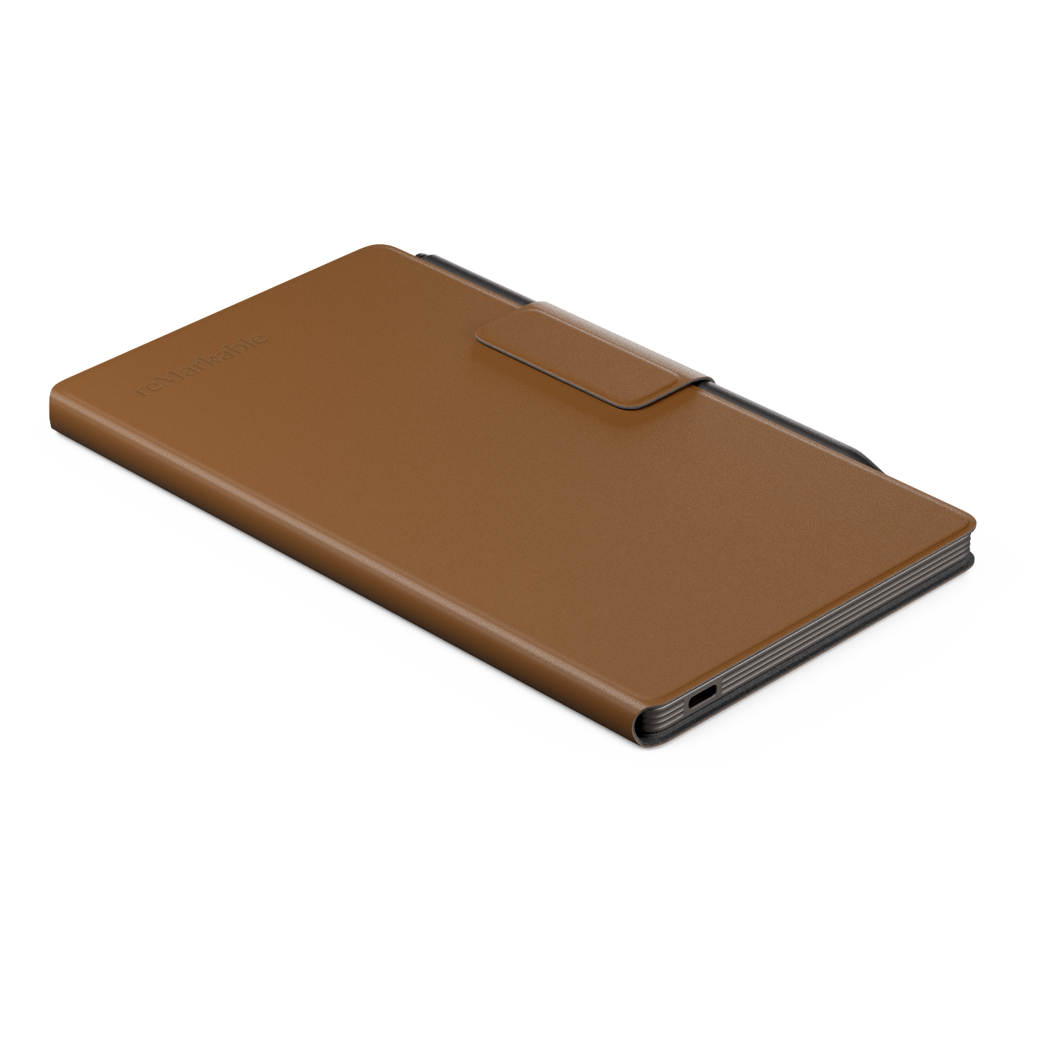 A brown tablet cover with a magnetic clasp. The cover is lying on a white surface. The brand name is visible on the cover.
