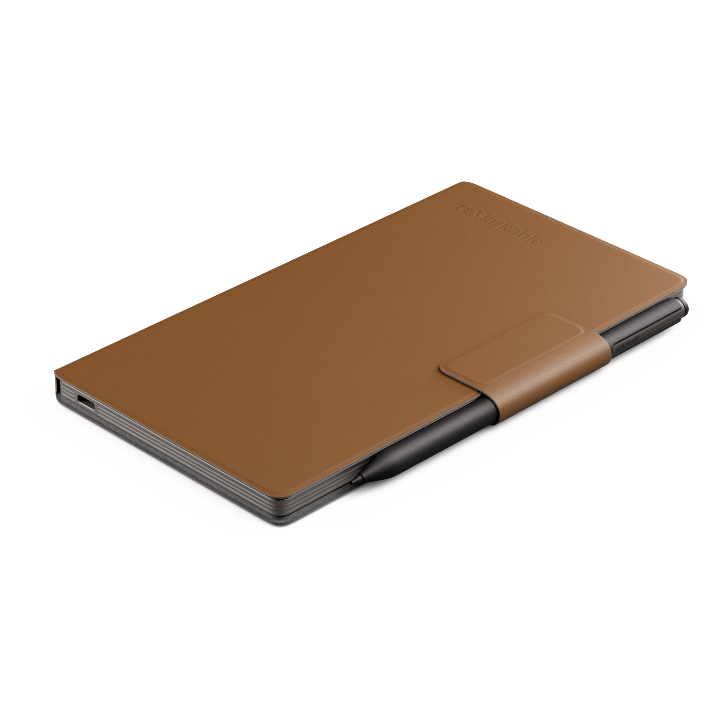 A brown leather tablet cover with a black stylus. The tablet is slightly open. The background is white.