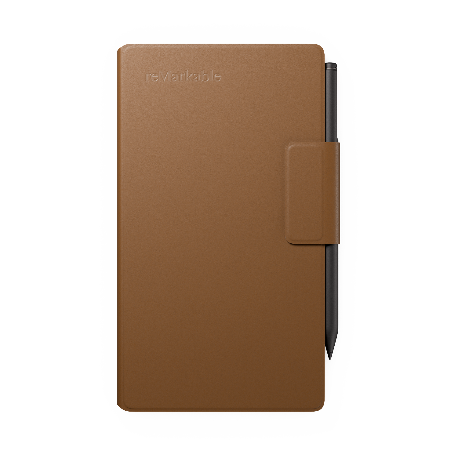 A brown Remarkable tablet cover with a black stylus attached. The cover has a holder for the stylus on the right side.