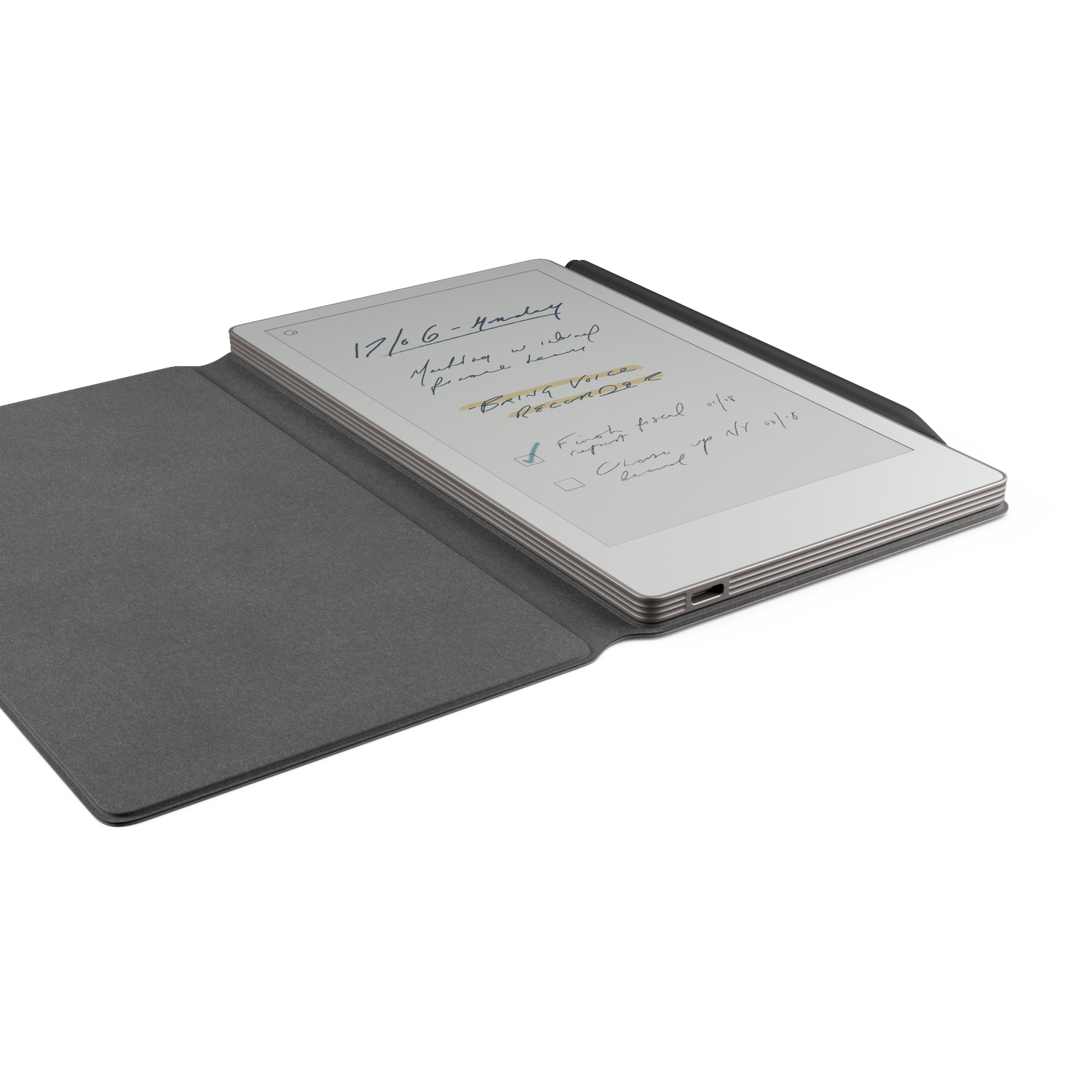 An e-reader with a handwritten to-do list. The device is in a gray case. The screen shows notes about a meeting and tasks.