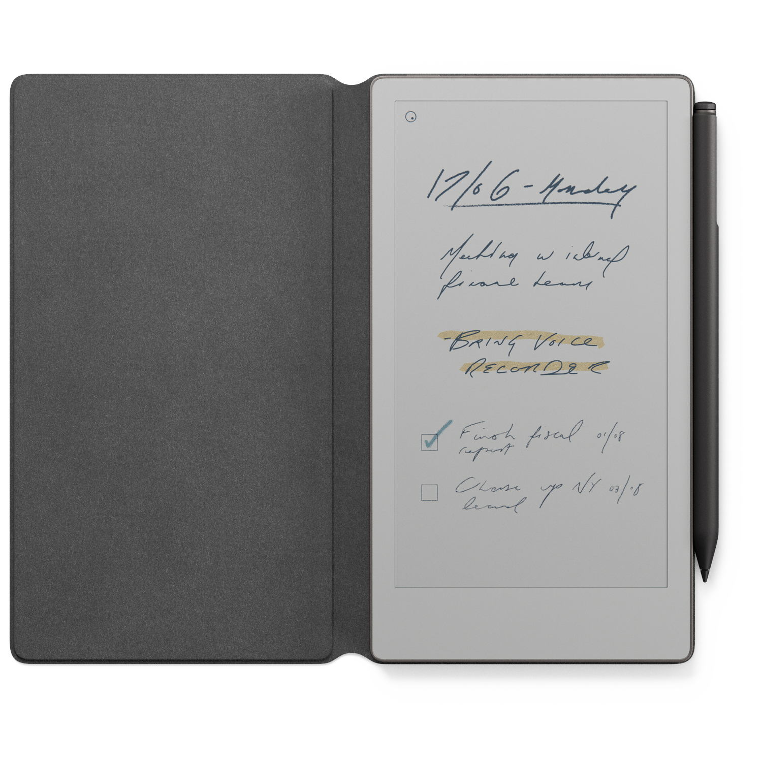 A digital notepad with handwritten notes. The screen displays a date, meeting details, and to-do list with checkboxes. A pen is on the side.