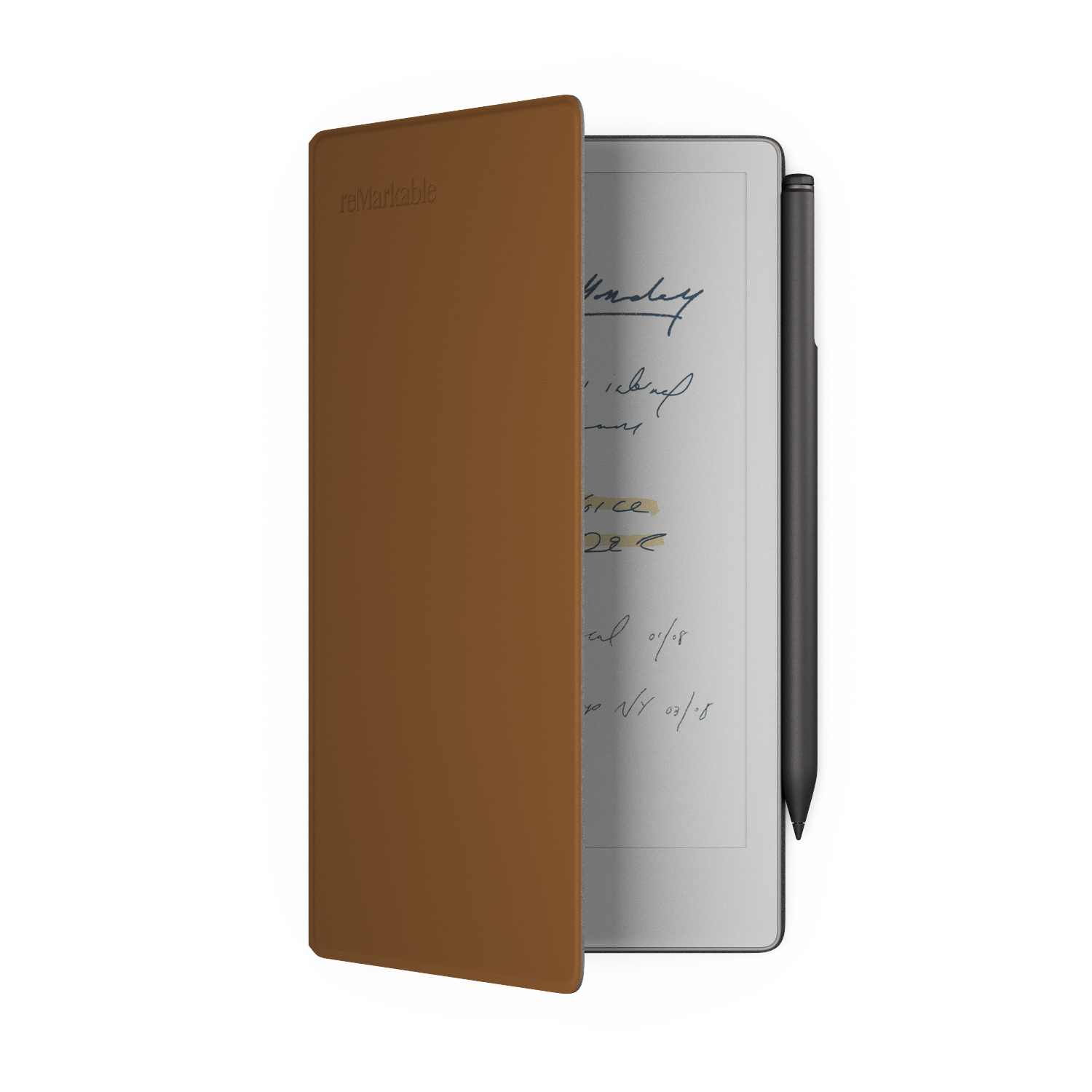 A tablet with a brown cover is open, revealing handwritten notes and a stylus. The cover is leather-like, the background is white.