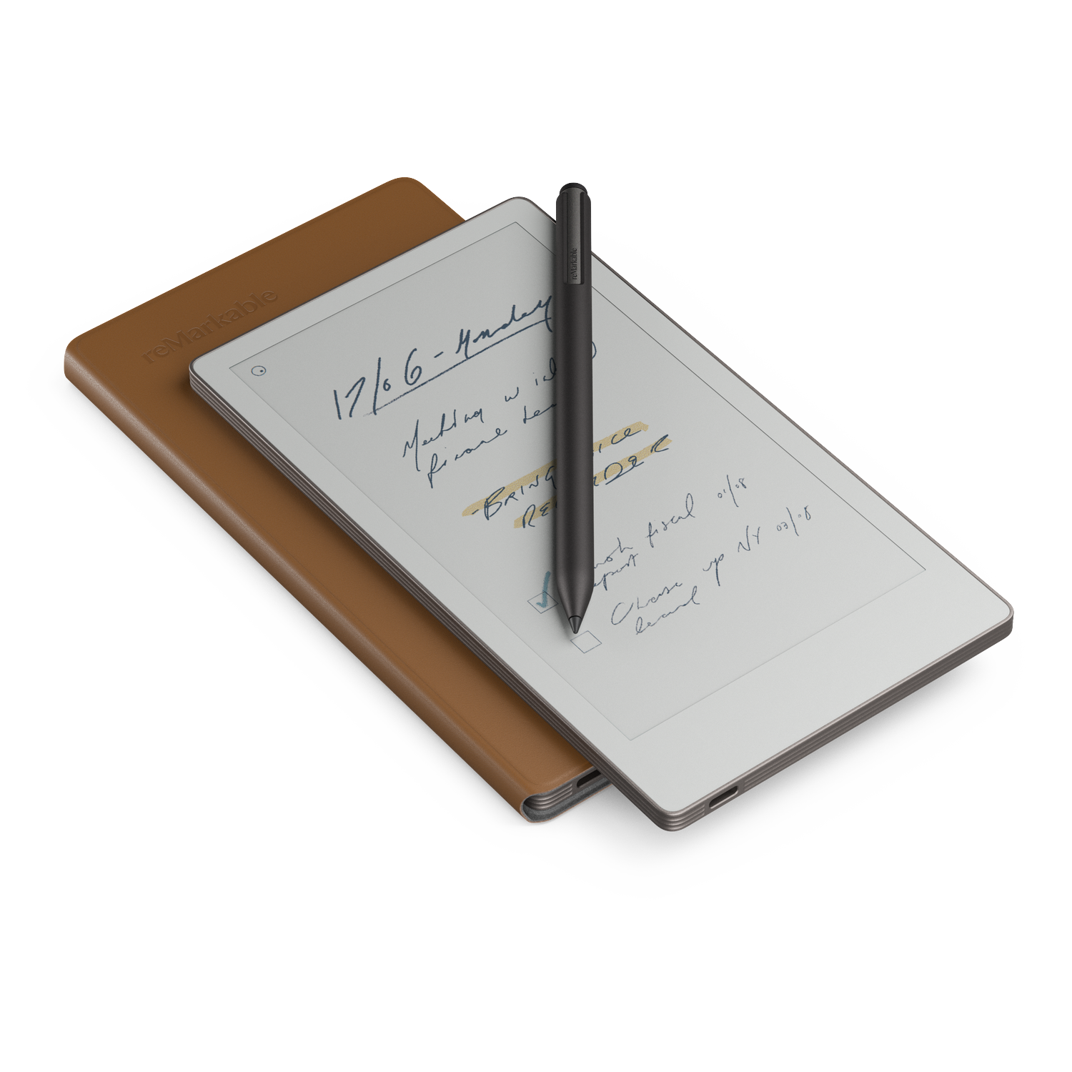 A digital tablet with a stylus pen on top of a brown leather case. Handwritten notes and checkboxes are visible on the screen.