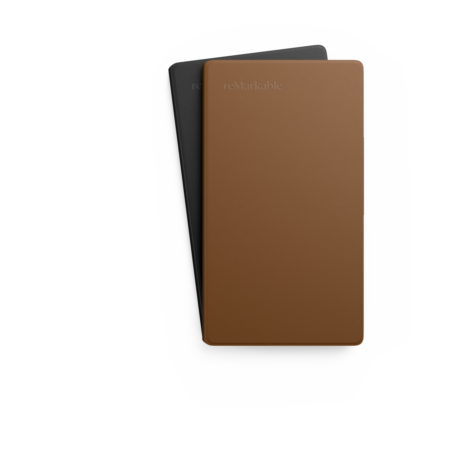 Two tablet devices, one black, one brown, slightly overlapping. The brown one has 'reMarkable' printed on it. White background.