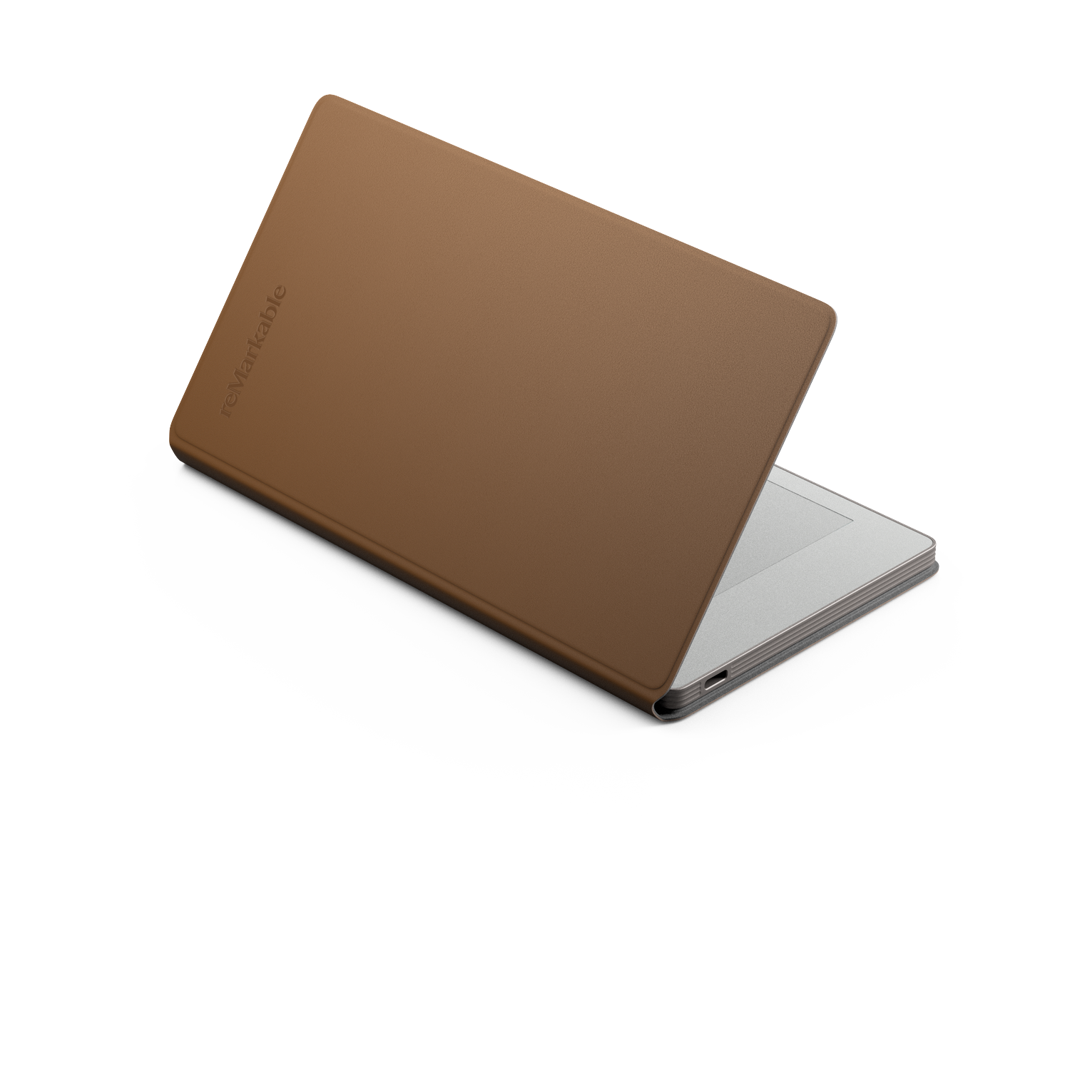 A brown remarkable tablet cover is partially open, revealing a silver tablet. The background is white.