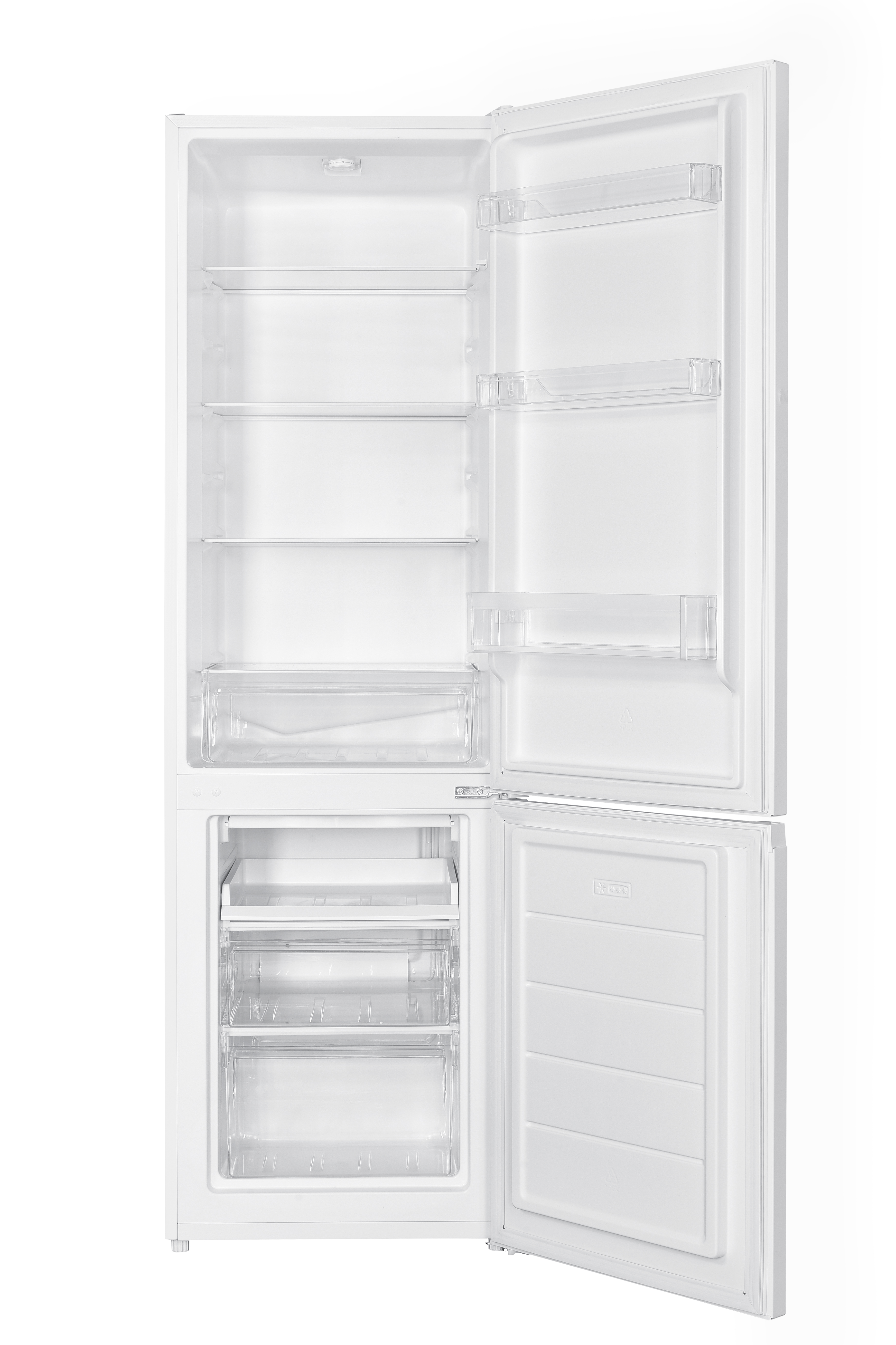Ein weißer Kühlschrank mit geöffneten Türen, der leere Regale und Schubladen zeigt. Der Innenraum ist sauber und hell.