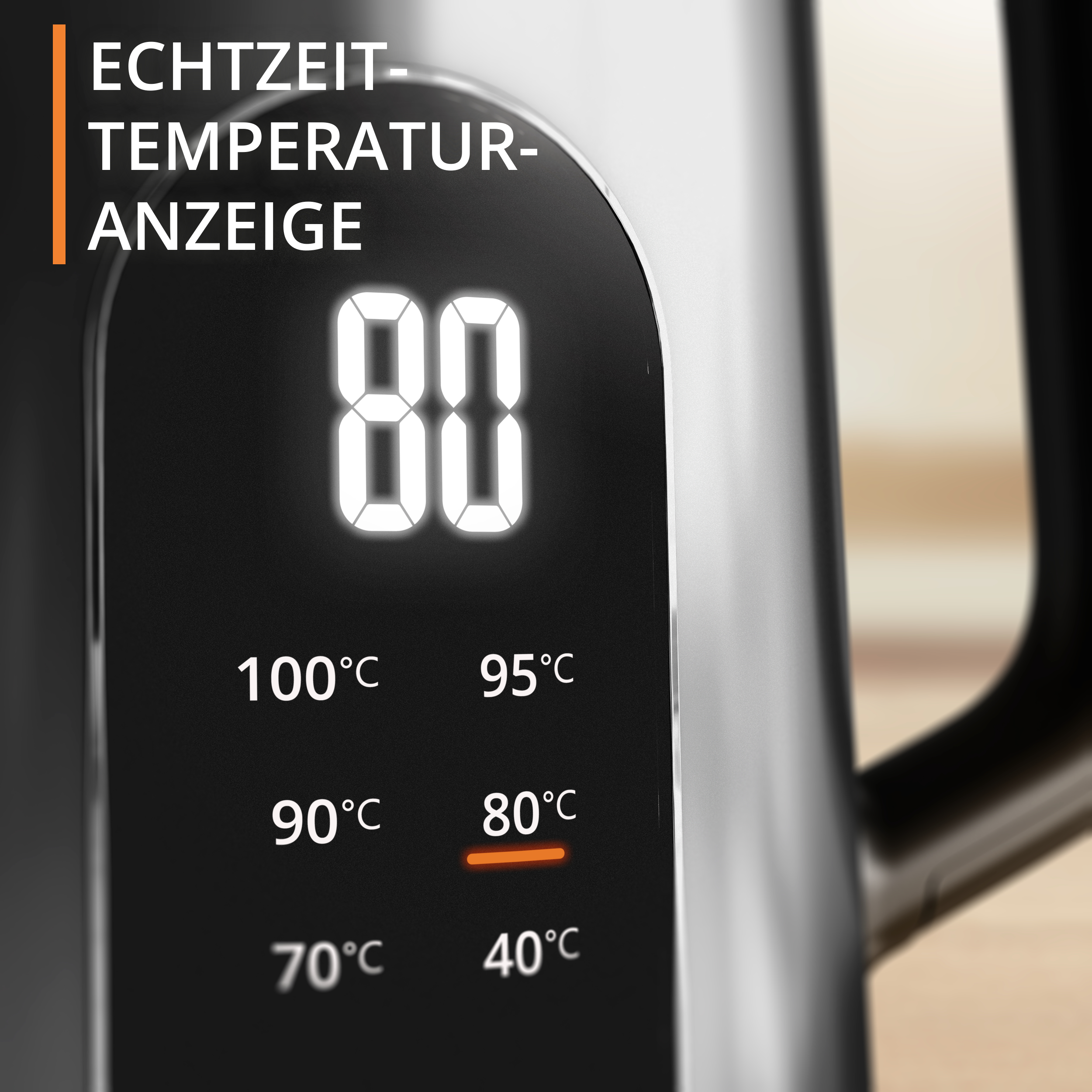 Kesselanzeige mit 80°C. Text lautet 'ECHTZEIT-TEMPERATUR-ANZEIGE'. Temperaturen von 40°C bis 100°C.