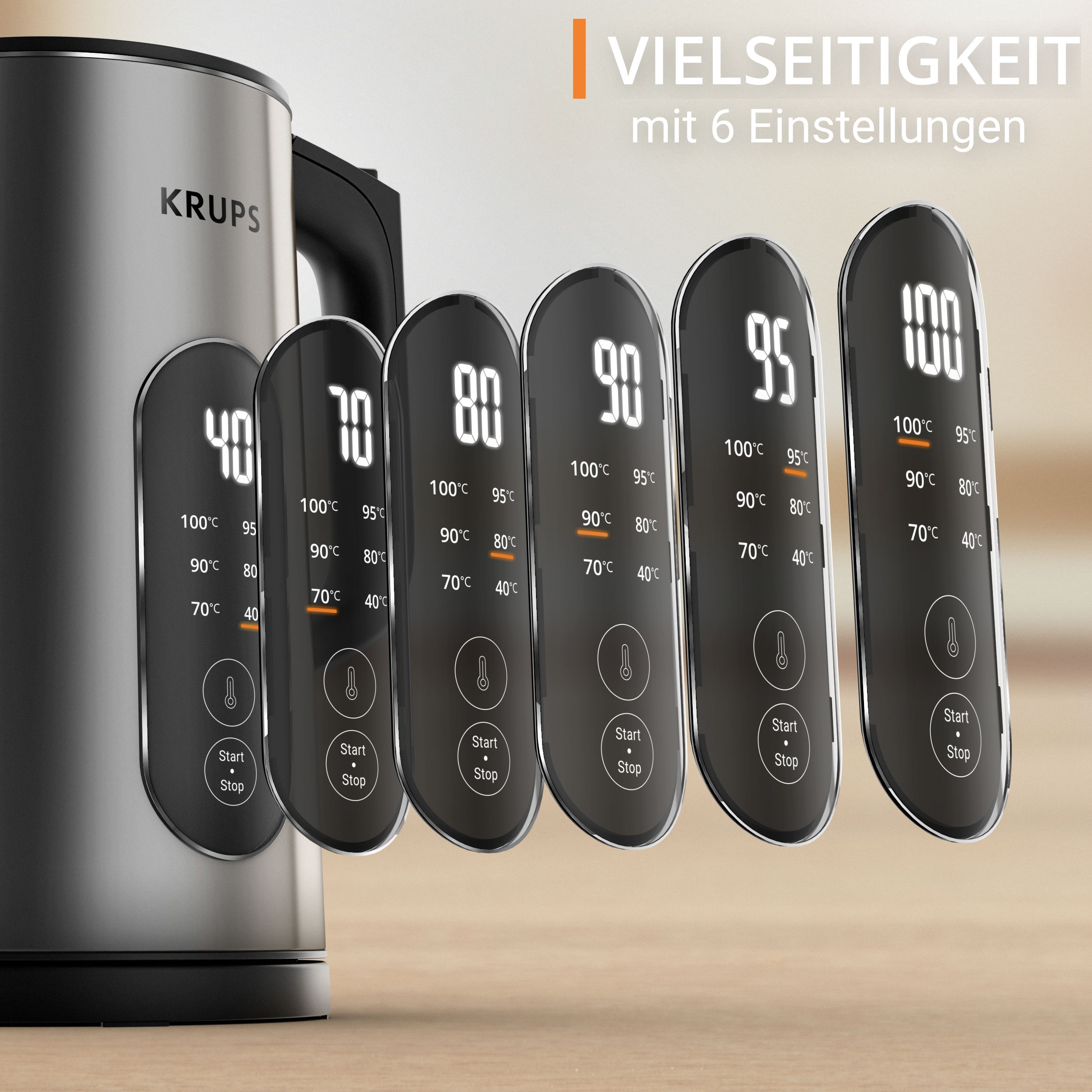 Ein Krups-Wasserkocher mit Temperaturanzeigen. Anzeigen: 40, 70, 80, 90, 95 und 100 Grad Celsius.