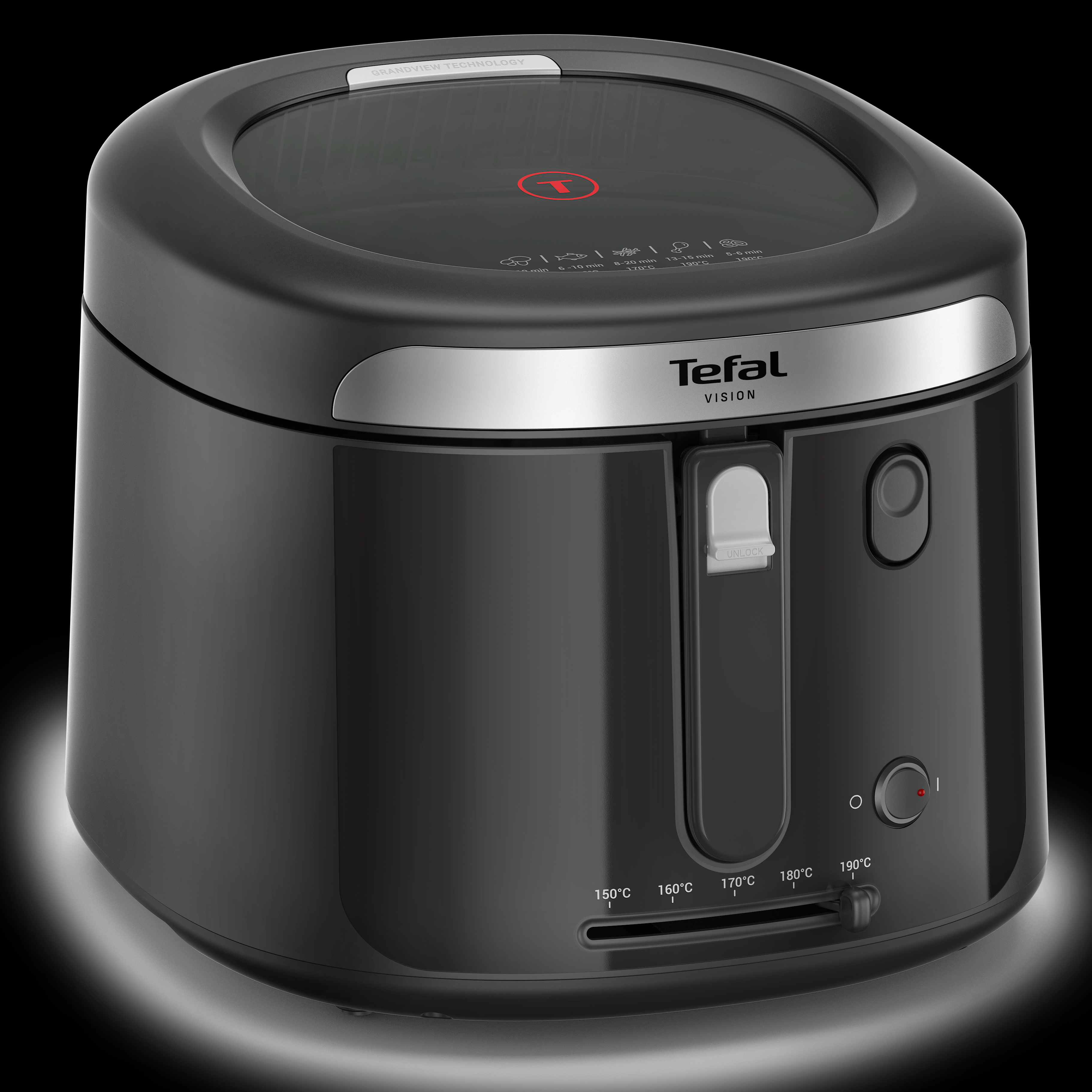 Ein schwarzer Tefal Vision-Frittierer. Er hat einen transparenten Deckel und Temperaturregler. Der Hintergrund ist schwarz.