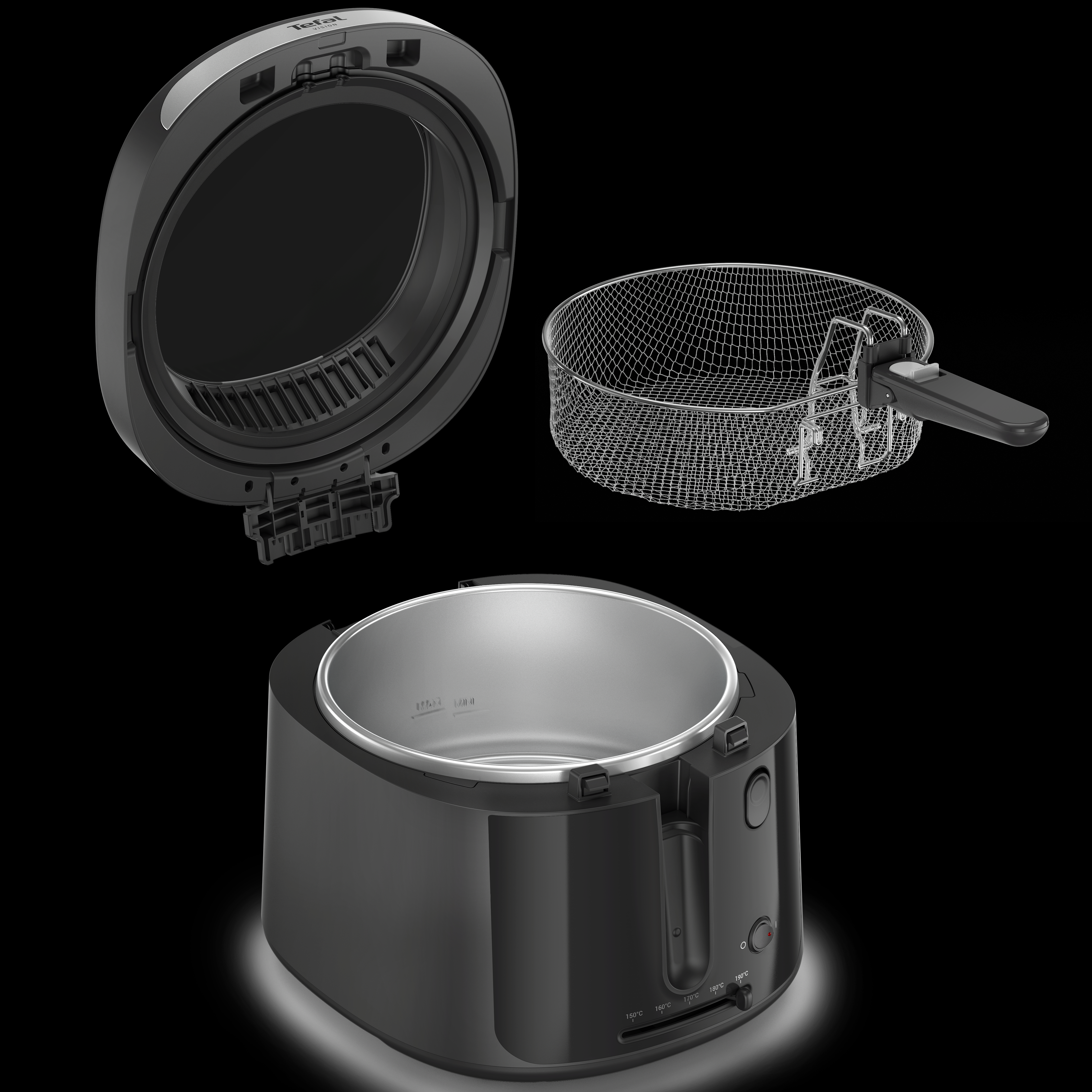 Eine schwarze Tefal Vision Heißluftfritteuse, zerlegt. Teile sind der Deckel, ein Drahtkorb und das Gehäuse.
