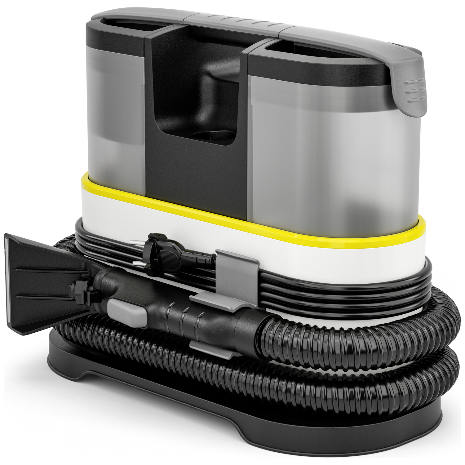 A white and black vacuum cleaner with a yellow stripe. It has a handle and a hose. The background is white.