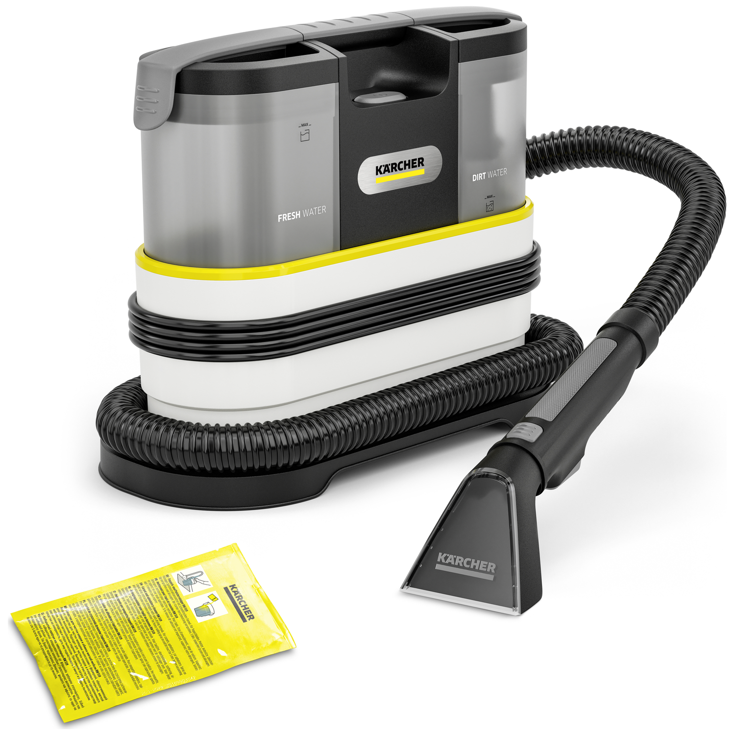 A Kärcher carpet cleaner, with a black hose and head, a yellow and white body, and a cleaning solution package.