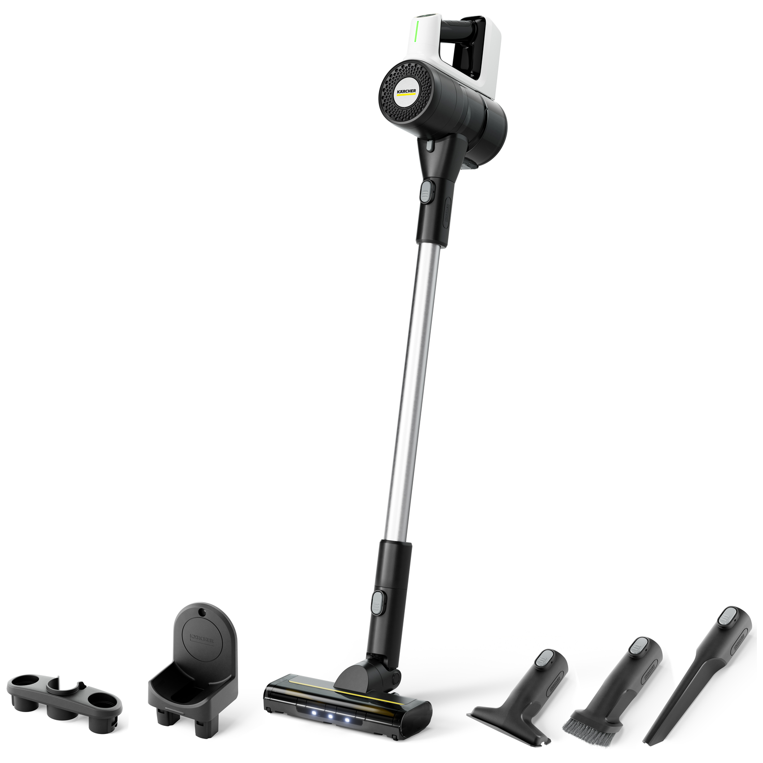 A cordless vacuum cleaner with attachments. It's black and silver, with a charging dock and multiple nozzle attachments.