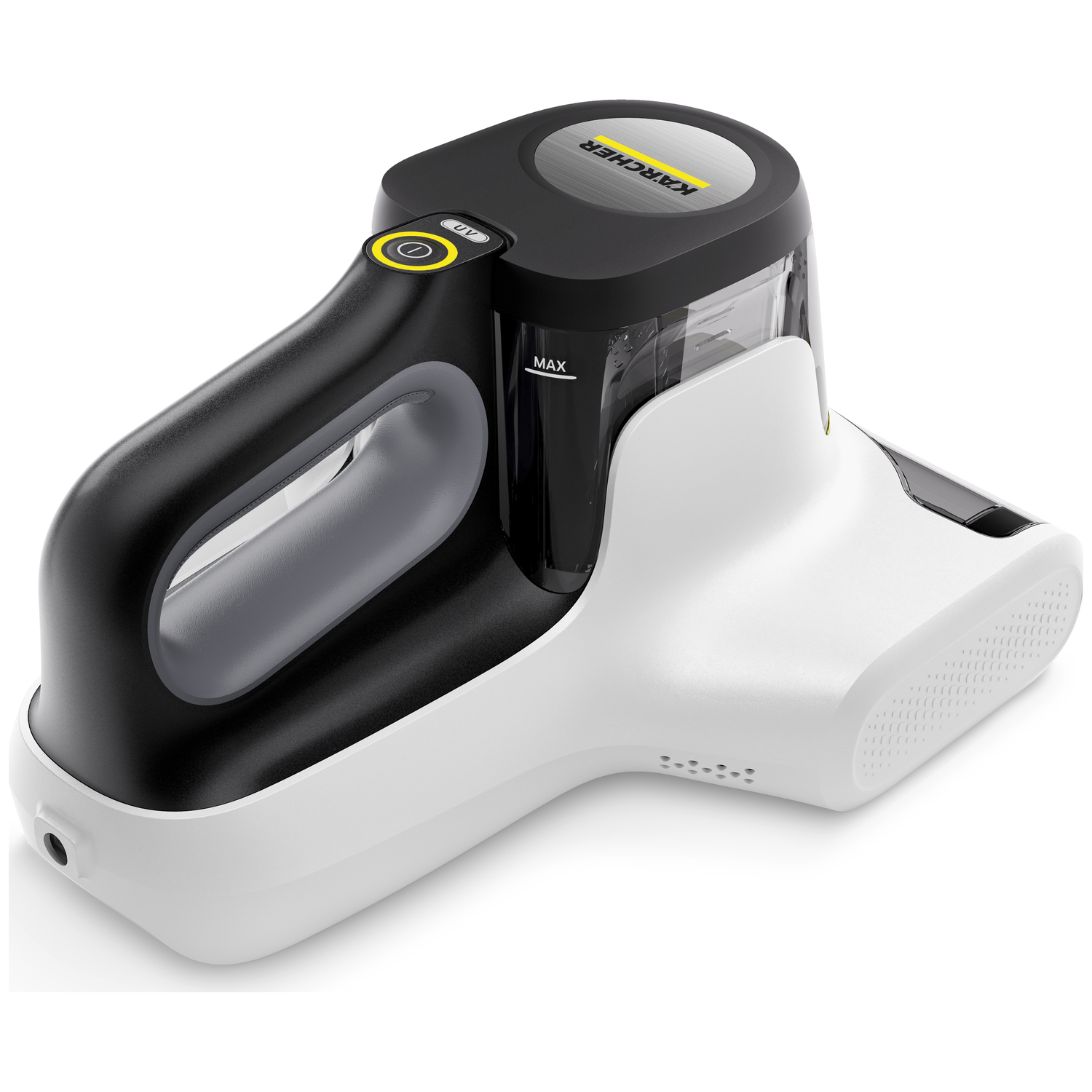 A white and black handheld vacuum cleaner. It has a handle, a transparent dust container, and a nozzle.