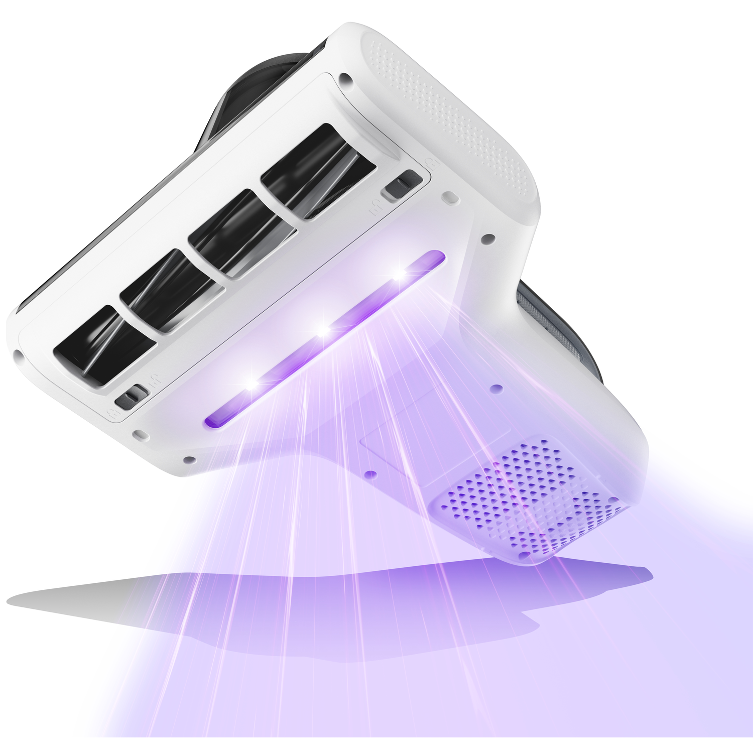 A white and black device emitting purple light. The device is angled, showing vents and a textured surface, with a shadow below.