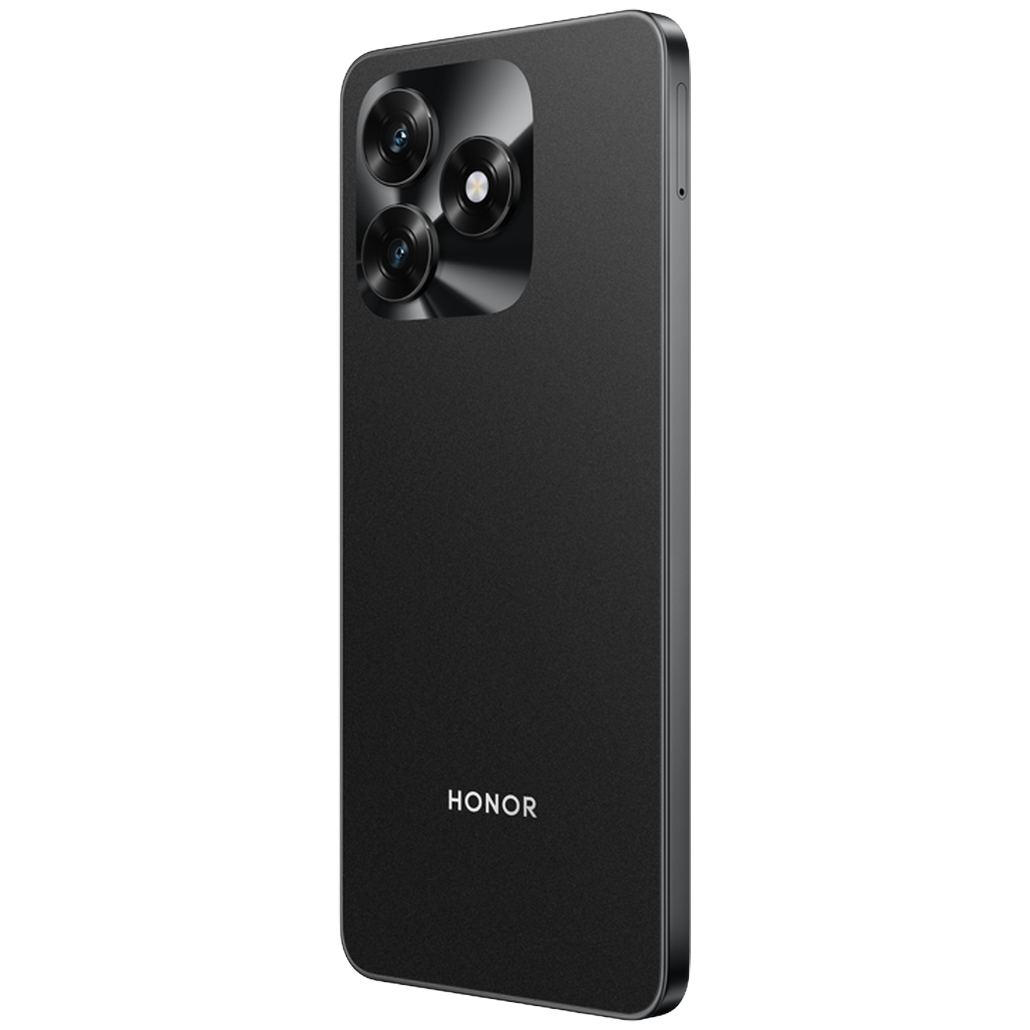 Een zwarte HONOR-smartphone. Het heeft drie camera's aan de achterkant en het woord HONOR onderaan. Het staat op een witte achtergrond.