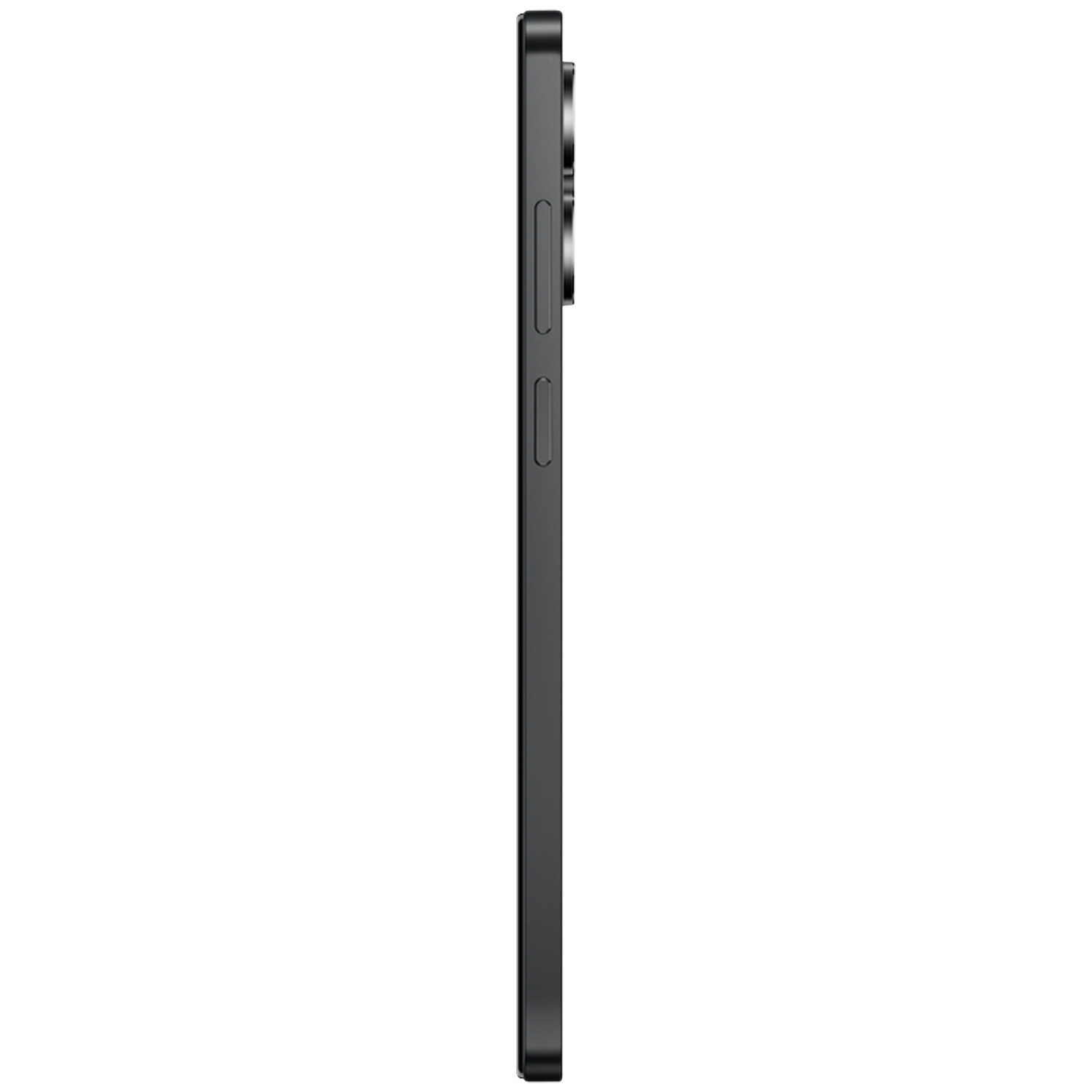 Zijaanzicht van een zwarte smartphone, met de cameramodule, knoppen en een slank ontwerp. De telefoon is verticaal georiënteerd tegen een witte achtergrond.