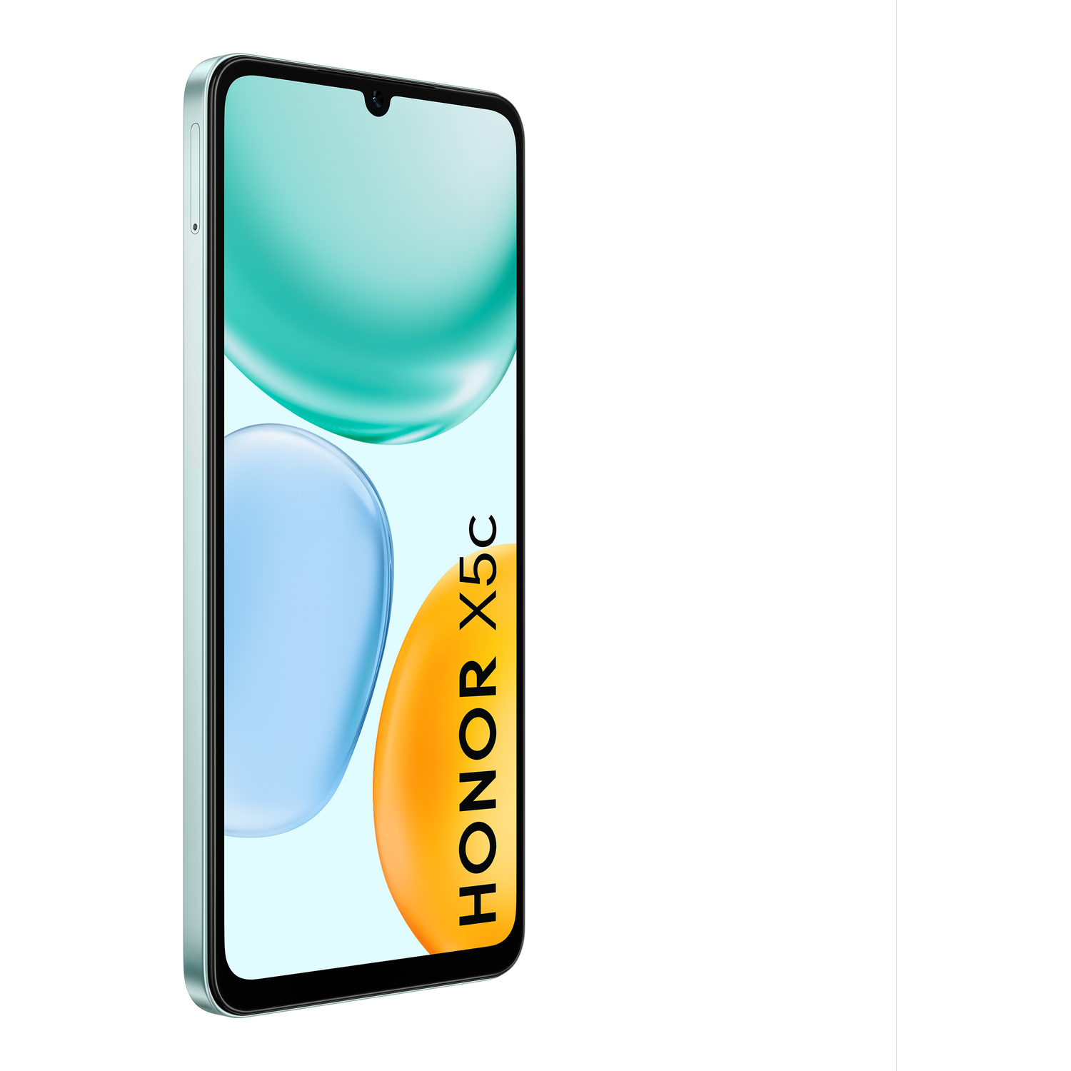 A mint green Honor X5c smartphone, angled slightly, displays a colorful screen with abstract shapes. The phone is on a white background.