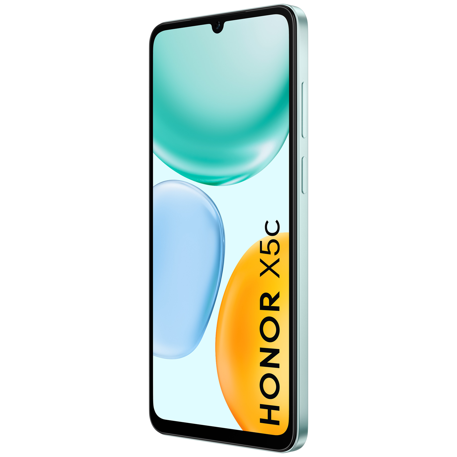 A mint green HONOR X5c smartphone, angled slightly. The screen shows teal, blue, and orange gradient bubbles. HONOR X5c text is vertical.