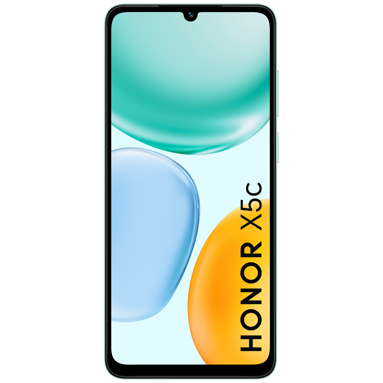 A smartphone screen with abstract shapes in blue, green, and orange. The phone is black, with the text "HONOR X5c".
