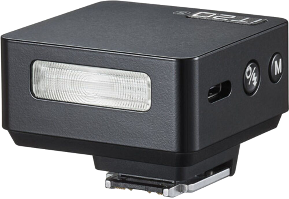 Schwarzer Kamera-Blitz mit rechteckigem Blitzkopf. Er hat Knöpfe, einen USB-Anschluss und eine Metallschiuhhalterung. Der Markenname ist sichtbar.