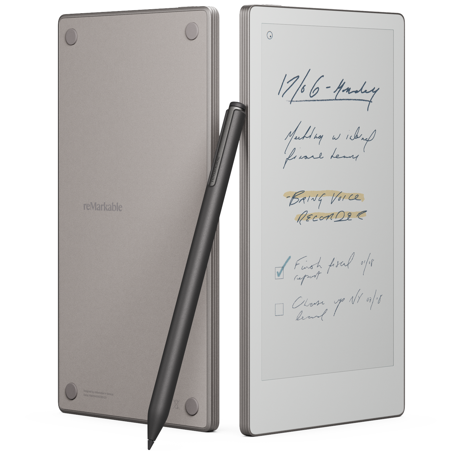 Een grijze tablet met een stylus, het scherm toont handgeschreven notities. De achterkant van een andere tablet is zichtbaar. De stylus rust op de tablet vooraan.