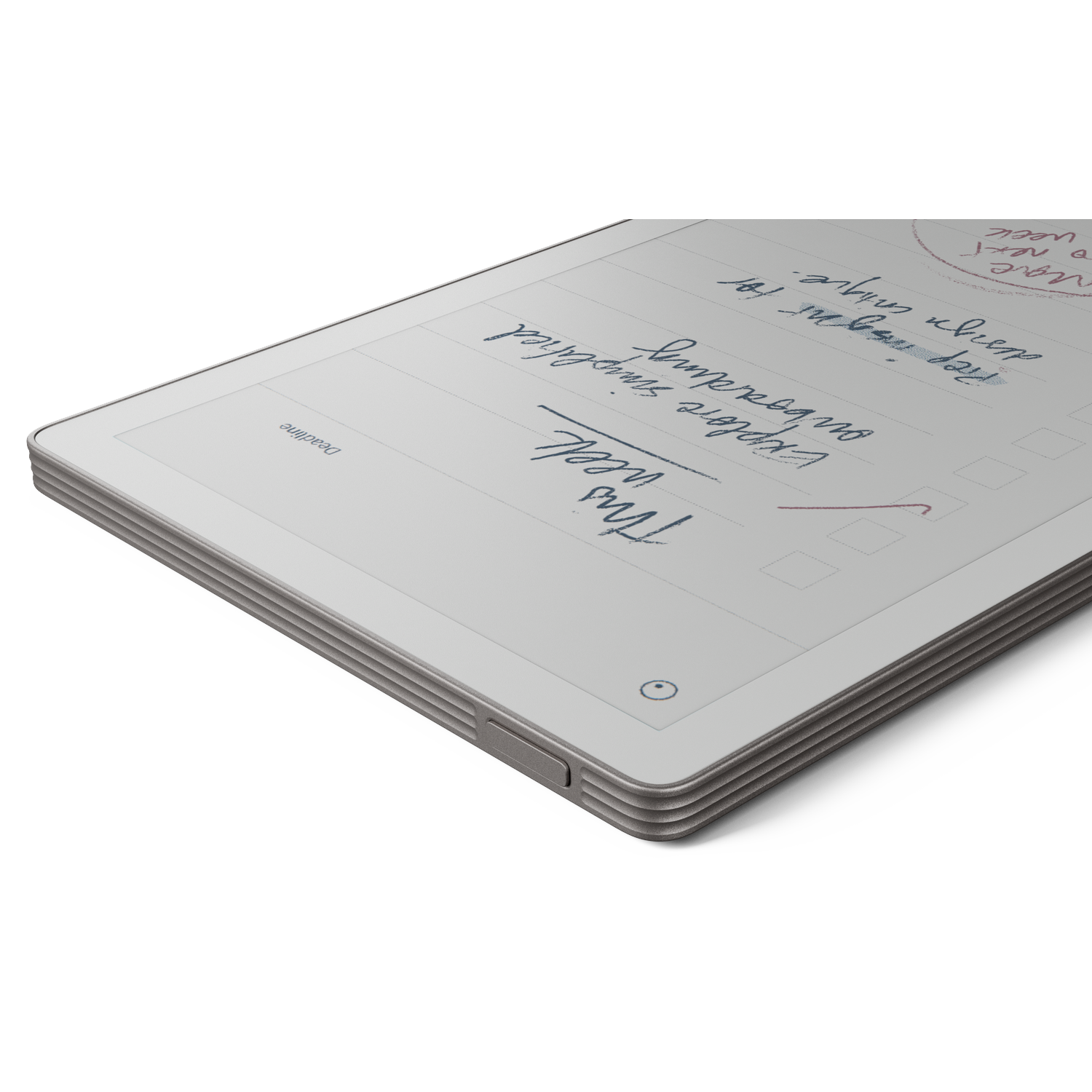 Een tablet met handgeschreven notities. Tekst bevat 'Deze week', 'Vereenvoudigde onboarding verkennen' en 'uniek ontwerpen'. Een vinkje is aanwezig.