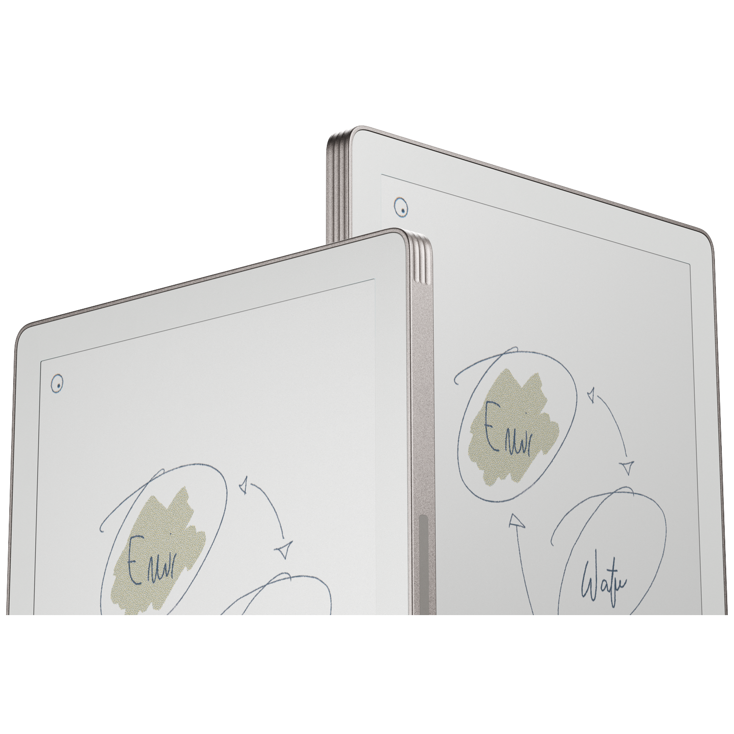 Twee tablets met witte schermen. Eén toont een diagram met het woord 'Water'. De andere heeft het woord 'Envir' in een vorm.