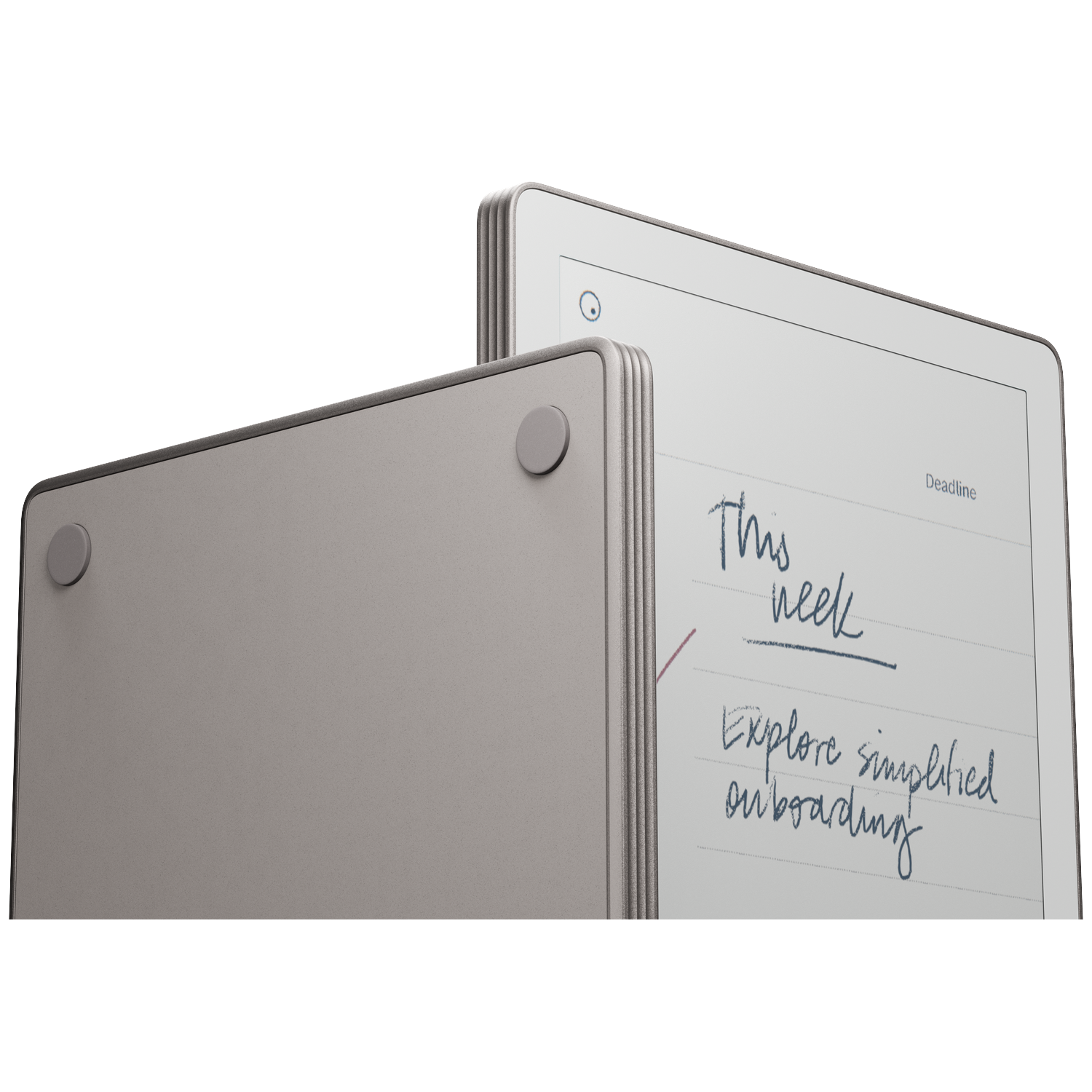Een tablet met een grijze hoes en een scherm met handgeschreven notities: 'This week' en 'Explore simplified onboarding'.