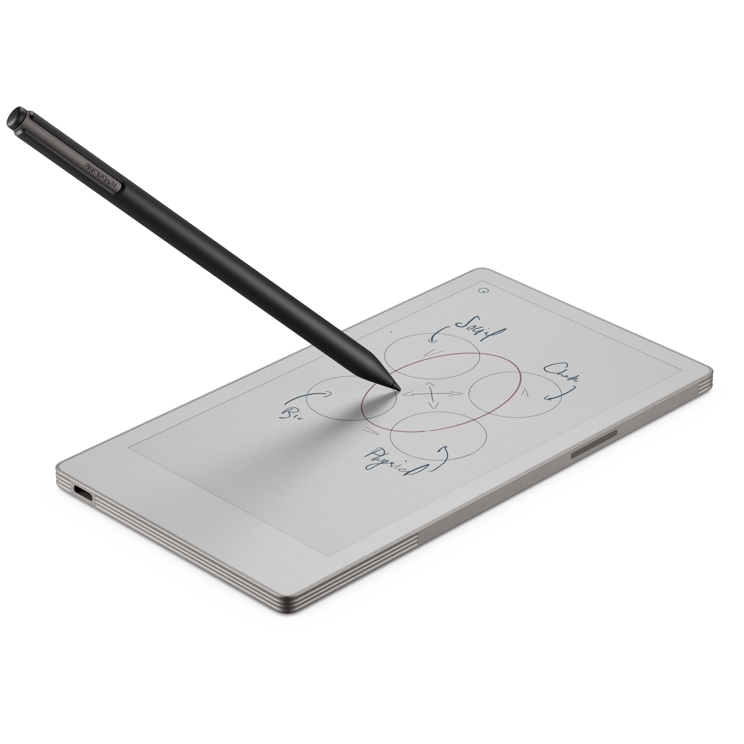 Een zwarte stylus zweeft boven een grijze tablet. De tablet toont een diagram met woorden en pijlen. Witte achtergrond.