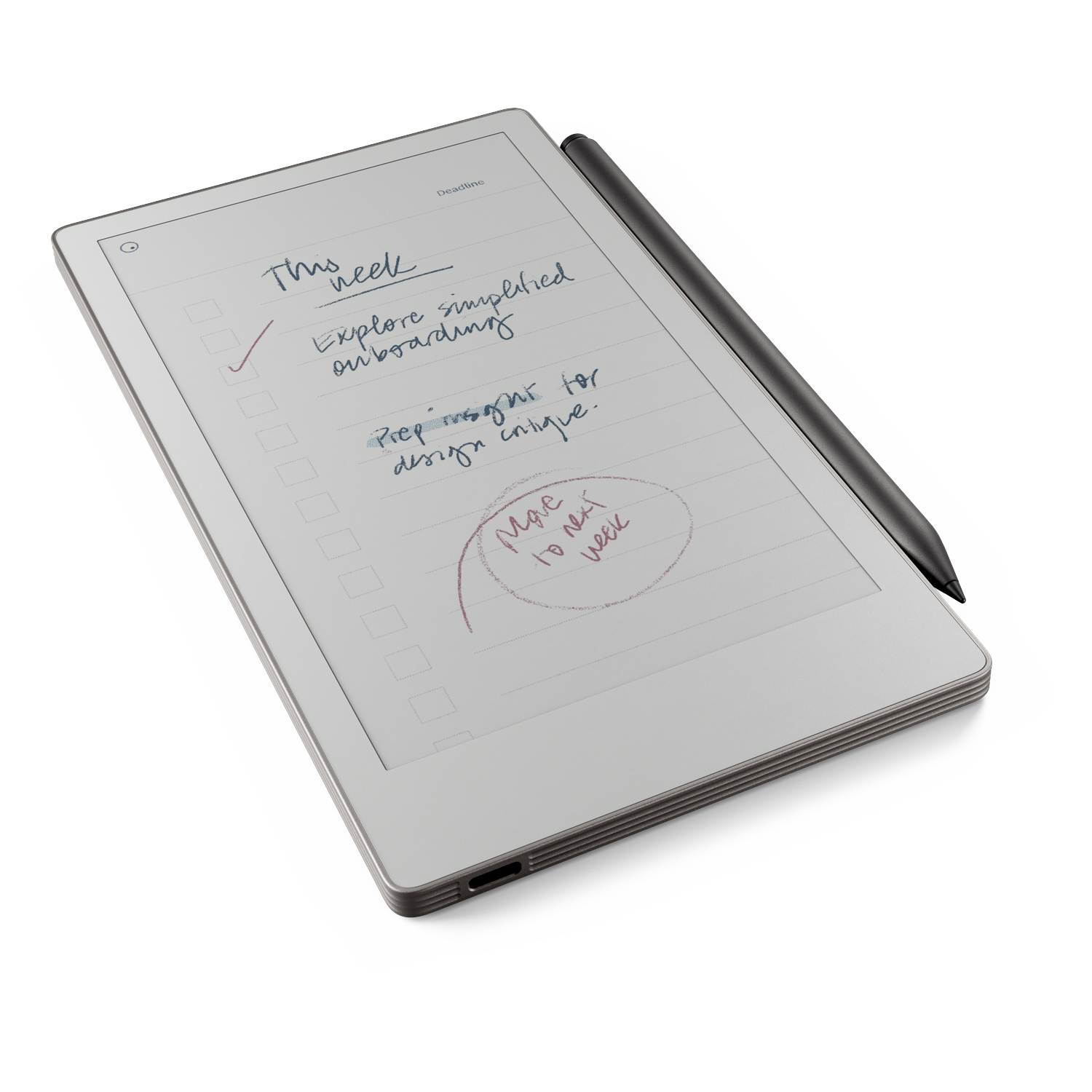 Een digitale tablet met handgeschreven notities en een pen. De notities omvatten 'This week', een checklist en tekst in een cirkel.