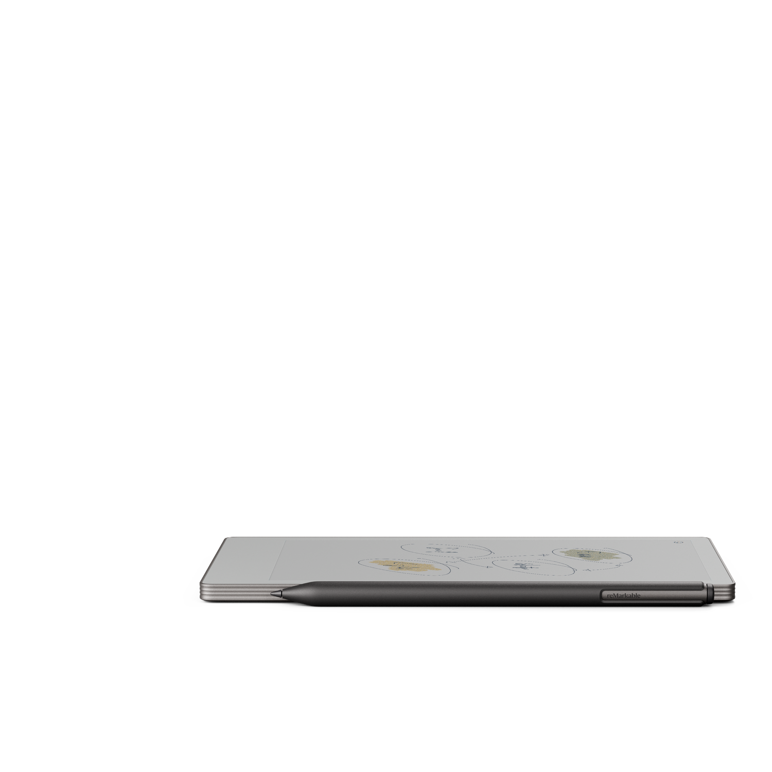 Een Remarkable tablet met pen. De tablet is grijs en de pen is zwart. Het scherm toont een diagram. Witte achtergrond.