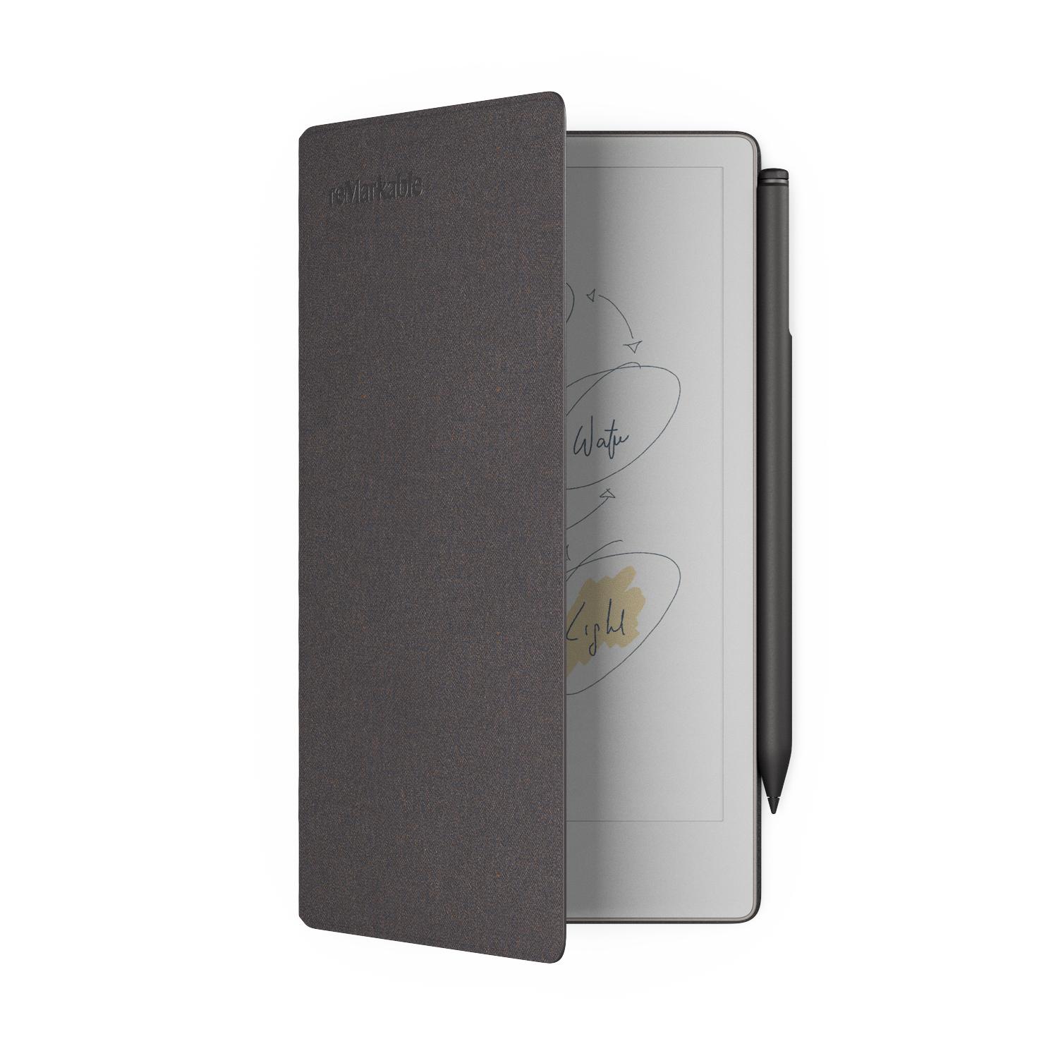A remarkable tablet with its cover open, showing a digital display with handwritten notes and a stylus on the side.
