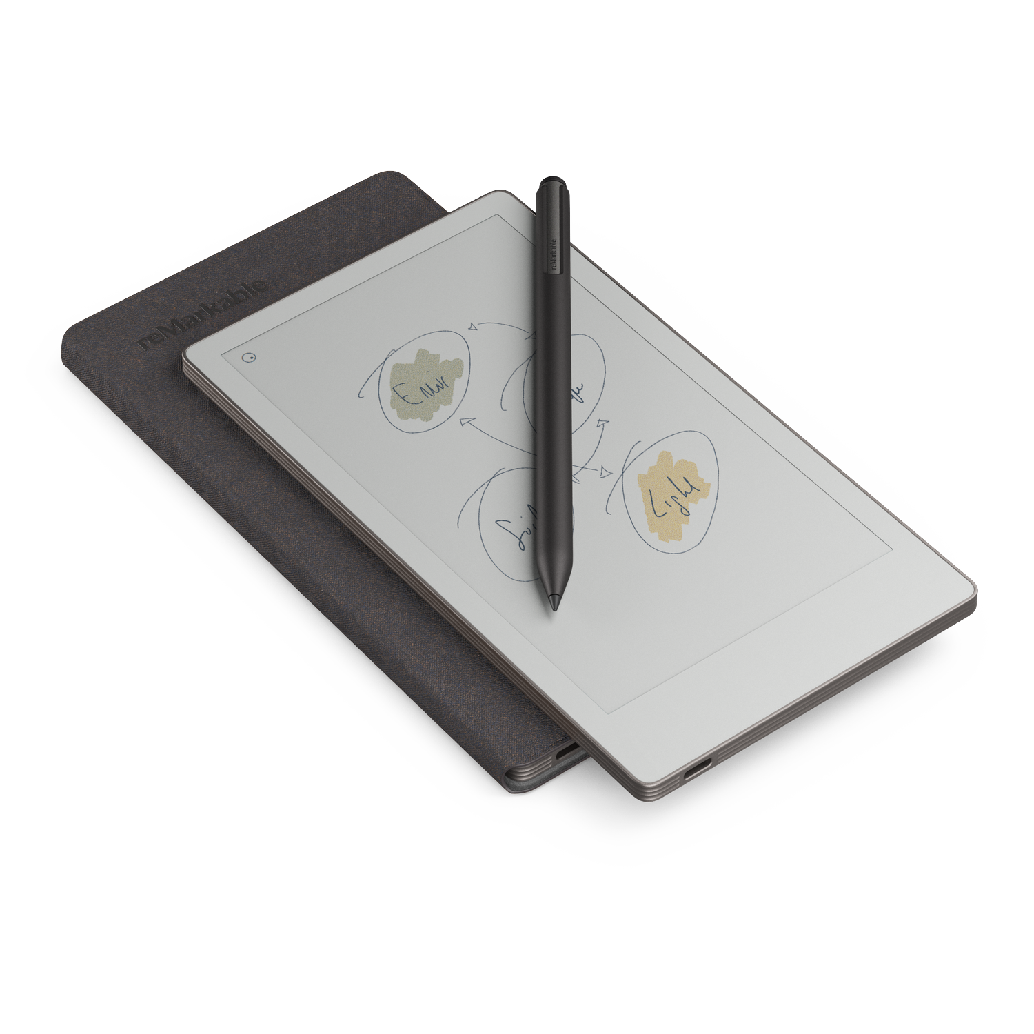 A tablet with a stylus pen, a cover, and handwritten notes. Grey cover and tablet, black pen. White background.