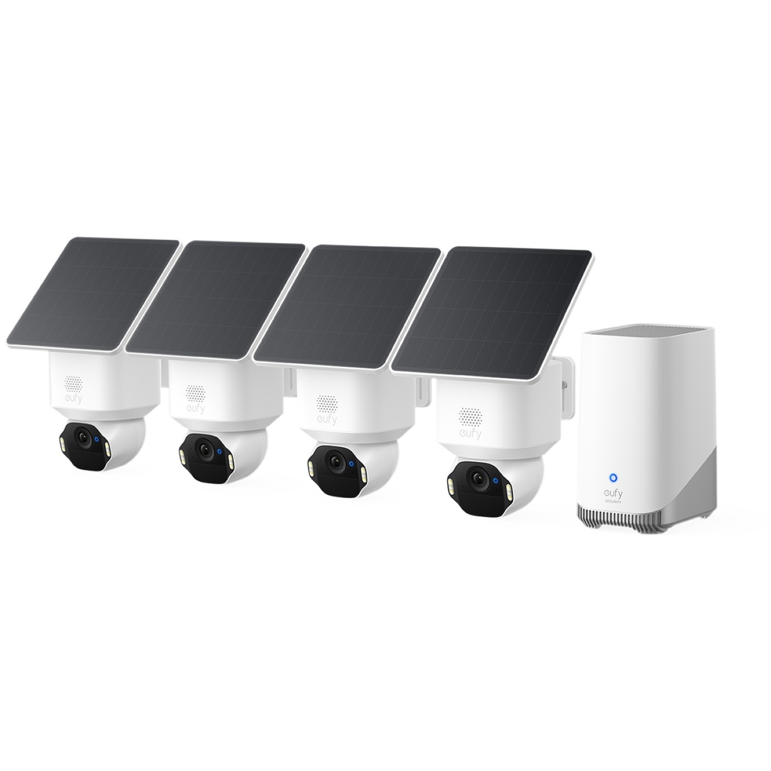 Vier witte beveiligingscamera's met zonnepanelen en een wit basisstation op een witte achtergrond. De camera's hebben zwarte lenzen.