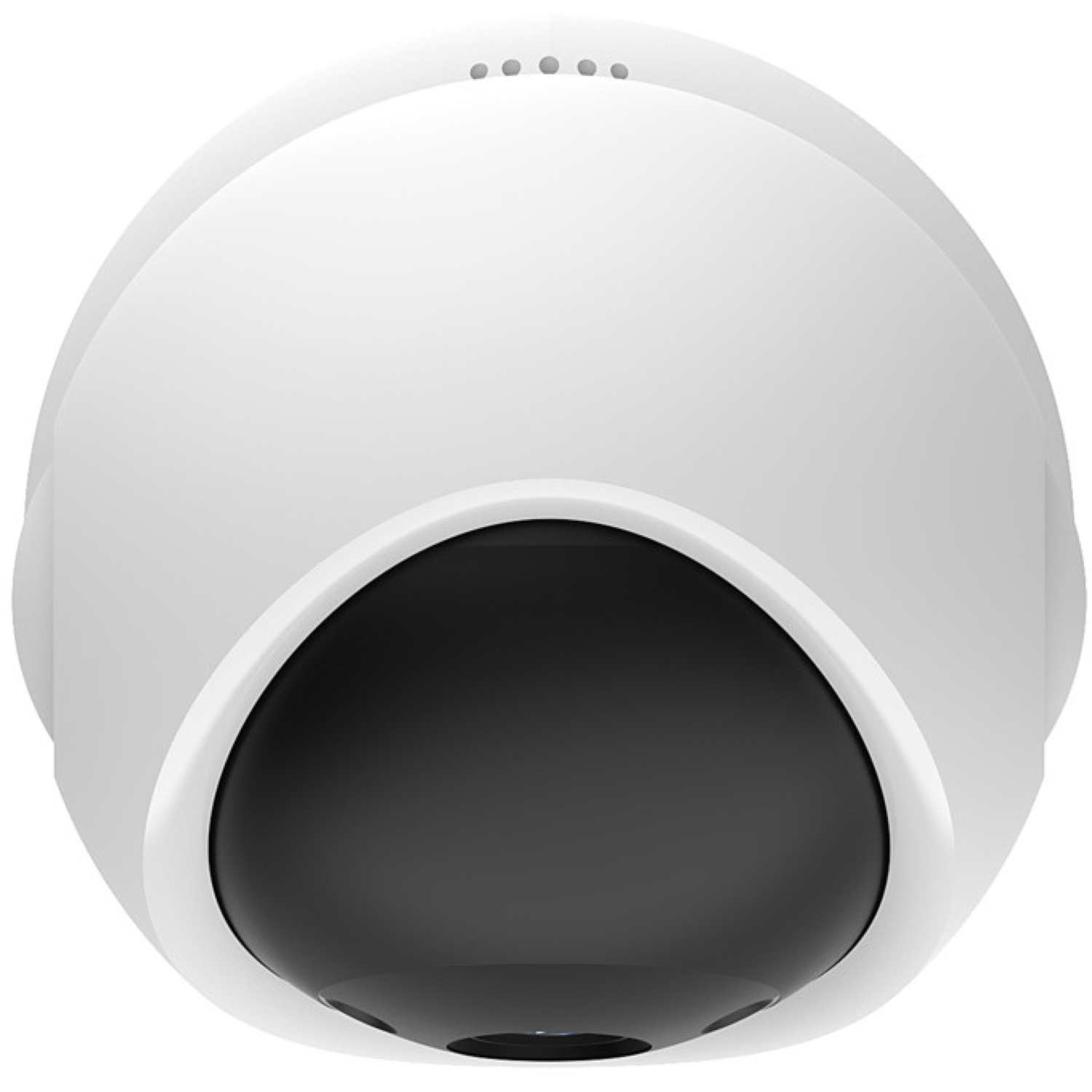 Een witte, koepelvormige beveiligingscamera met een zwarte, afgeronde lens aan de onderkant. Drie kleine puntjes bovenop.
